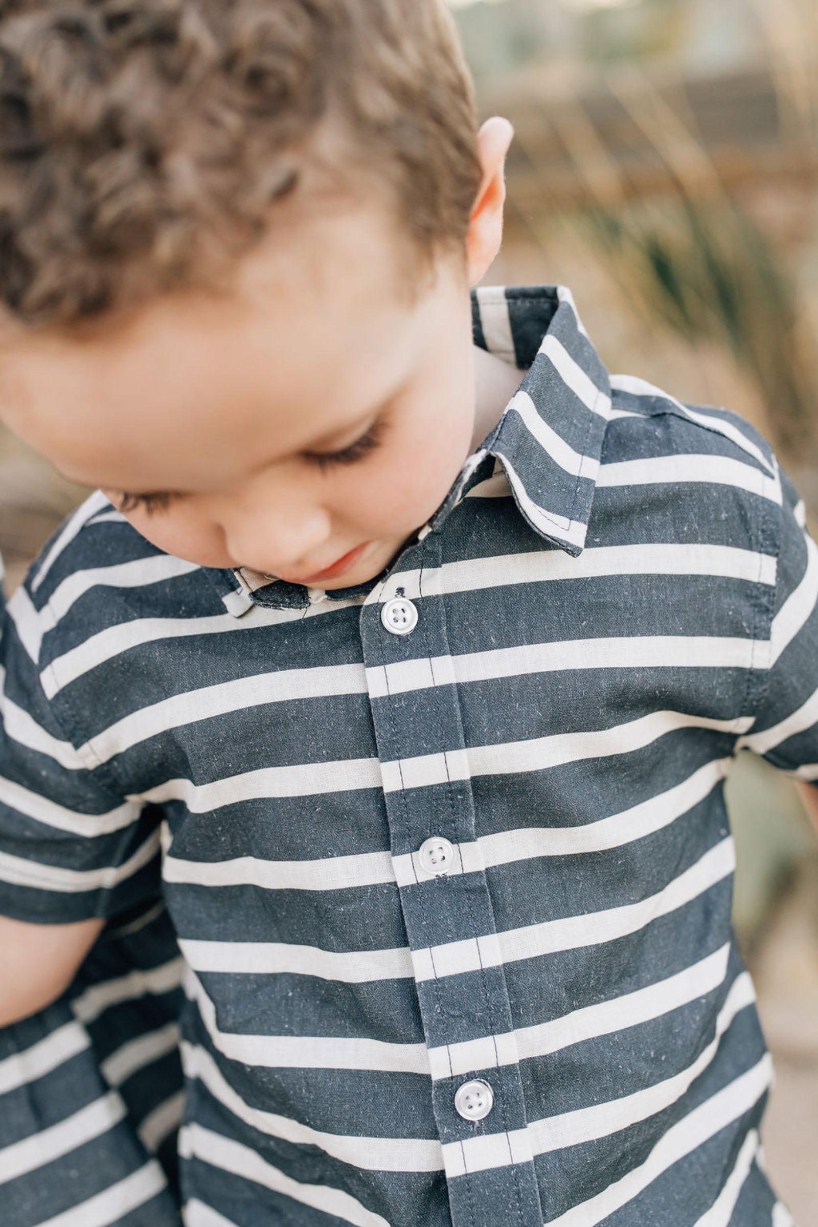 Boy Navy Stripe Linen Button Up Shirt, Baby - Kids