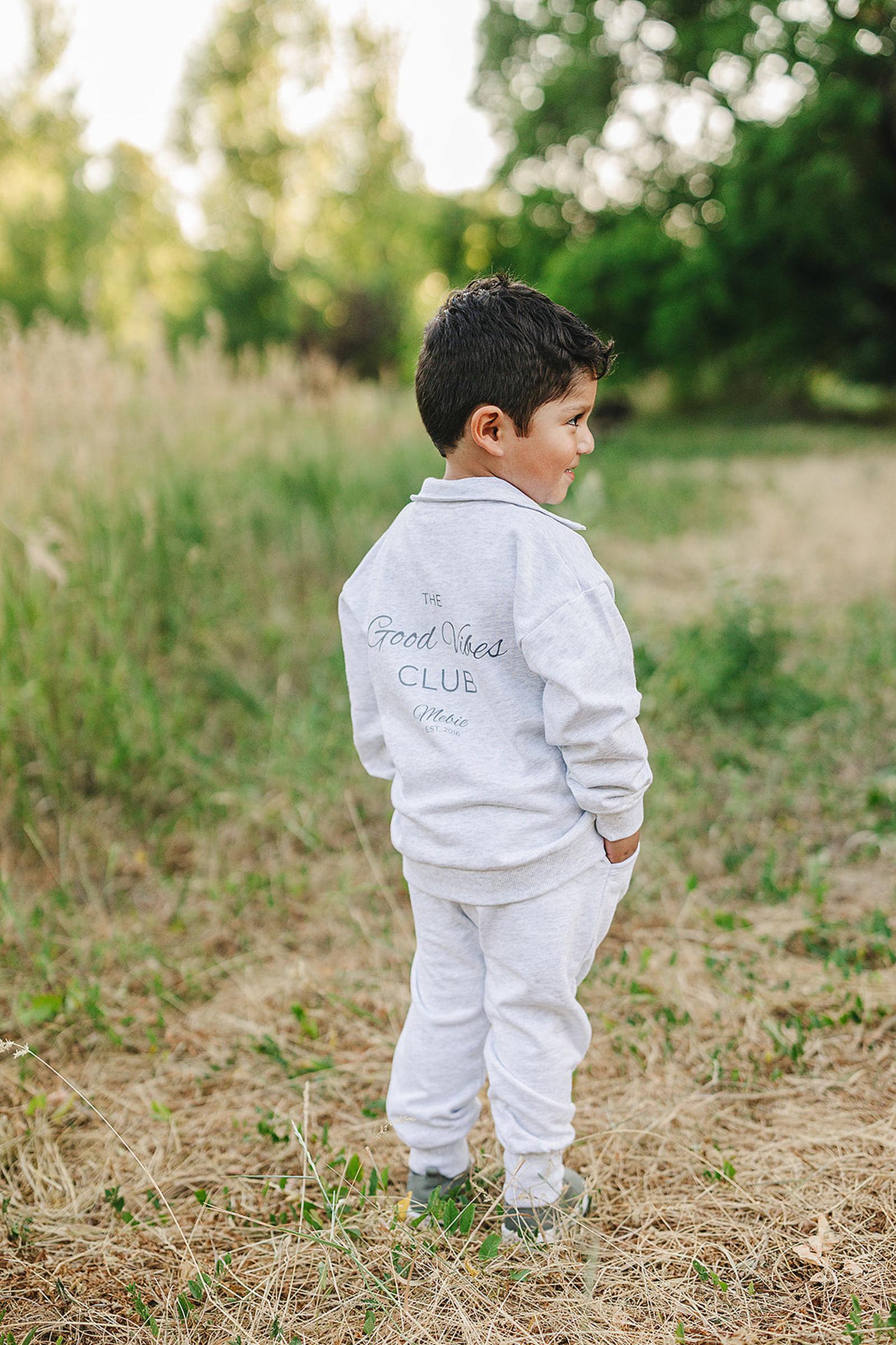 Good Vibes Quarter Zip Grey Sweatshirt Set, Cotton, Baby, Toddler & Kids