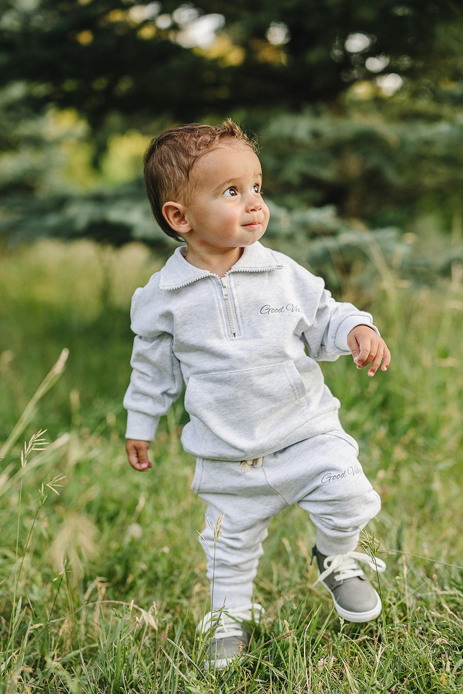 Good Vibes Quarter Zip Grey Sweatshirt Set, Cotton, Baby, Toddler & Kids