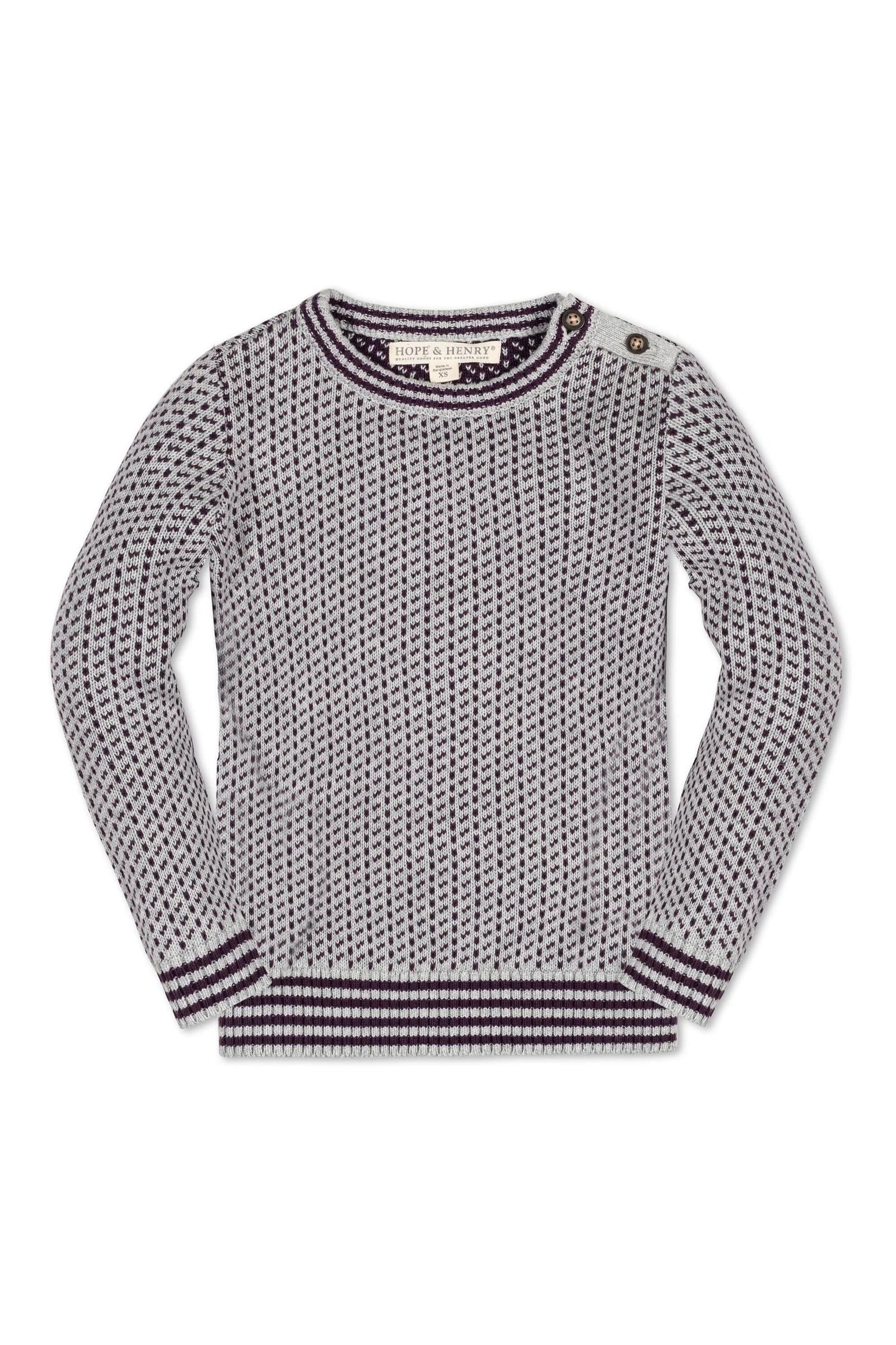 Organic Cotton Intarsia Crew Neck Sweater for Baby Boys, Gray & Plum, Baby
