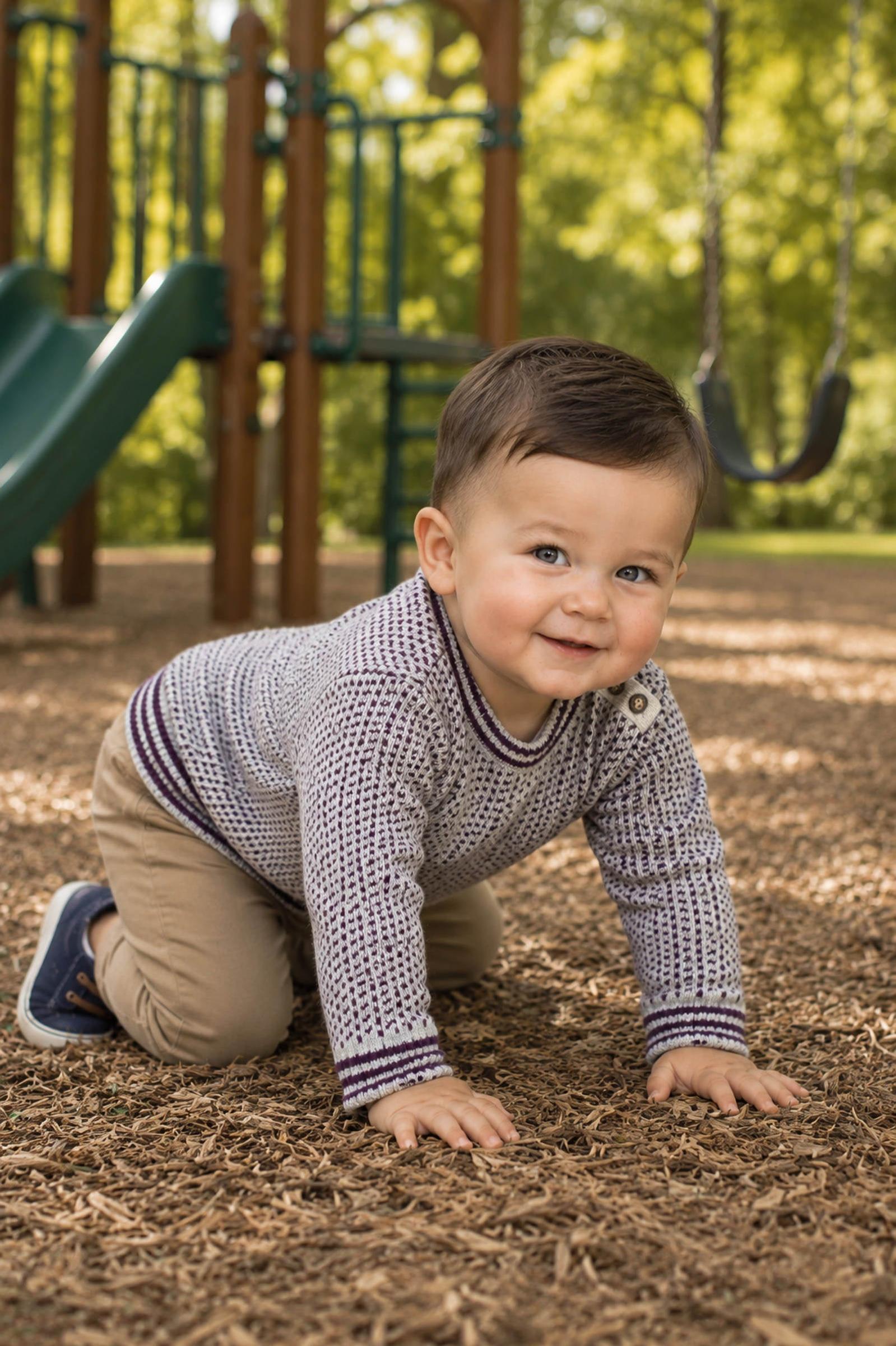 Organic Cotton Intarsia Crew Neck Sweater for Baby Boys, Gray & Plum, Baby