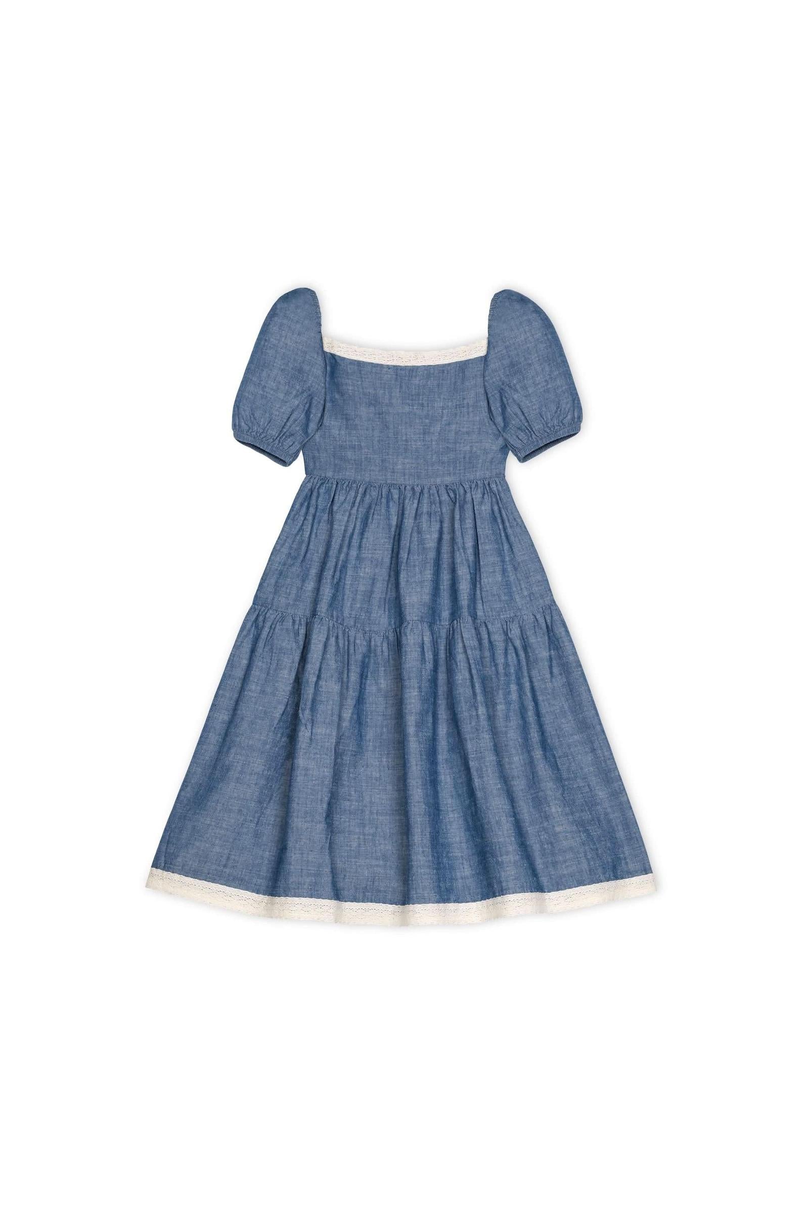 Crochet Trim Organic Cotton Dress for Girls, Chambray, Toddler & Kids, Family Matching Outfits