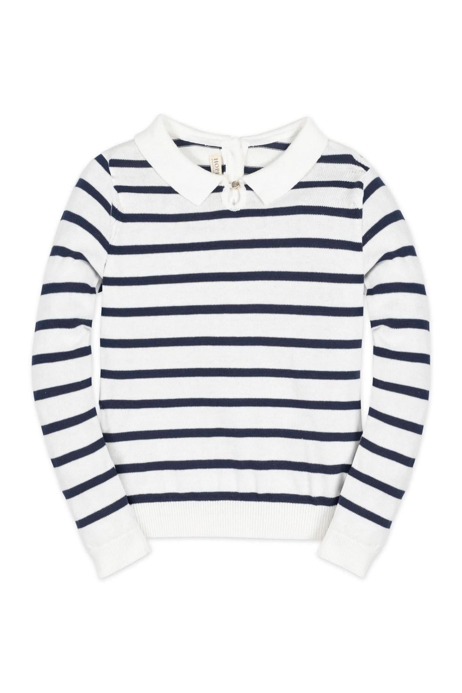 Organic Cotton French Collared Keyhole Sweater for Baby Girls, Navy Breton Stripe