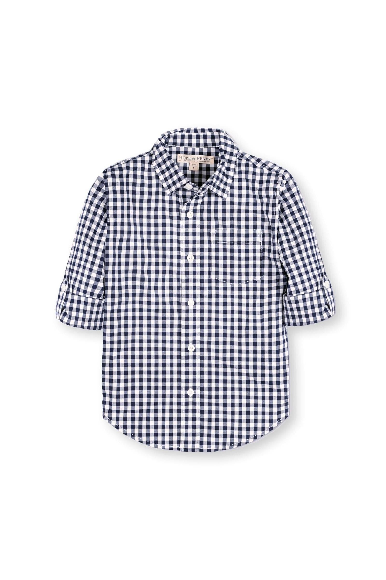 Organic Cotton Stretch Poplin Roll-Up Shirt, Navy Gingham, 5-18, Family Matching Outfits