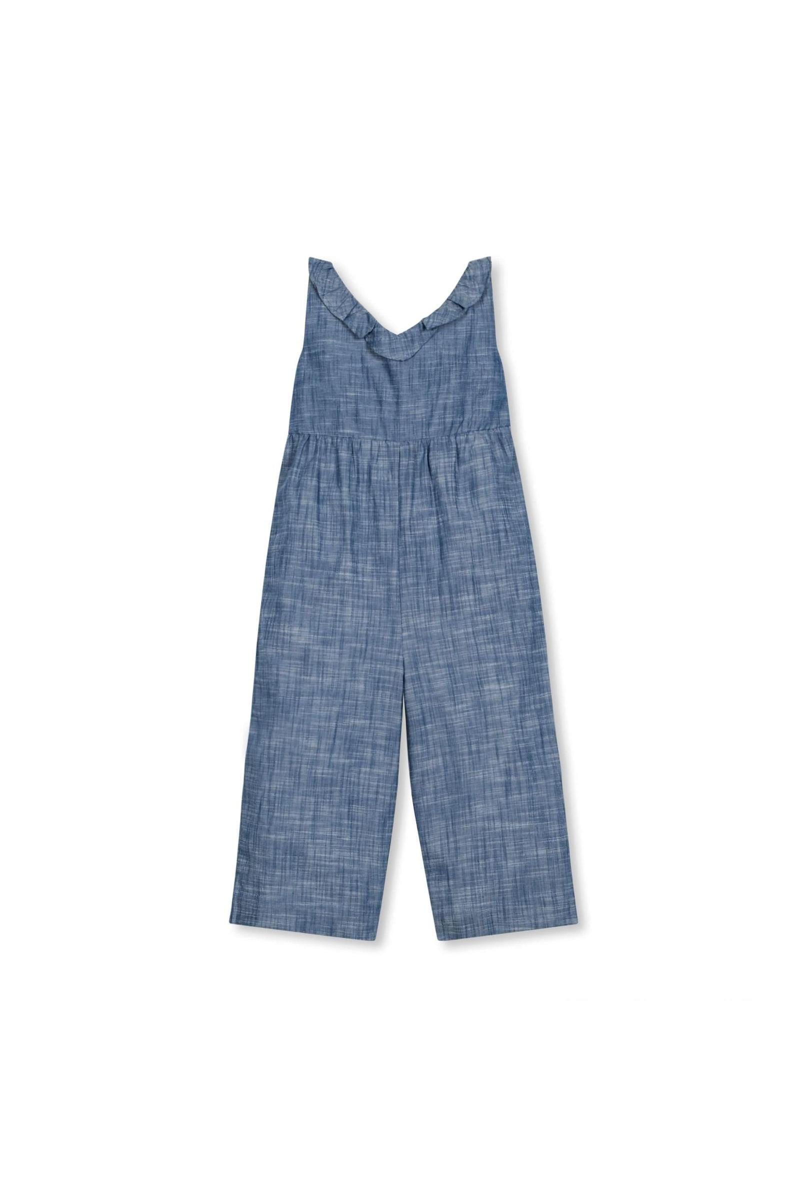 Girl Ruffle Neck Organic Cotton Jumpsuit, Chambray, Toddler & Kids