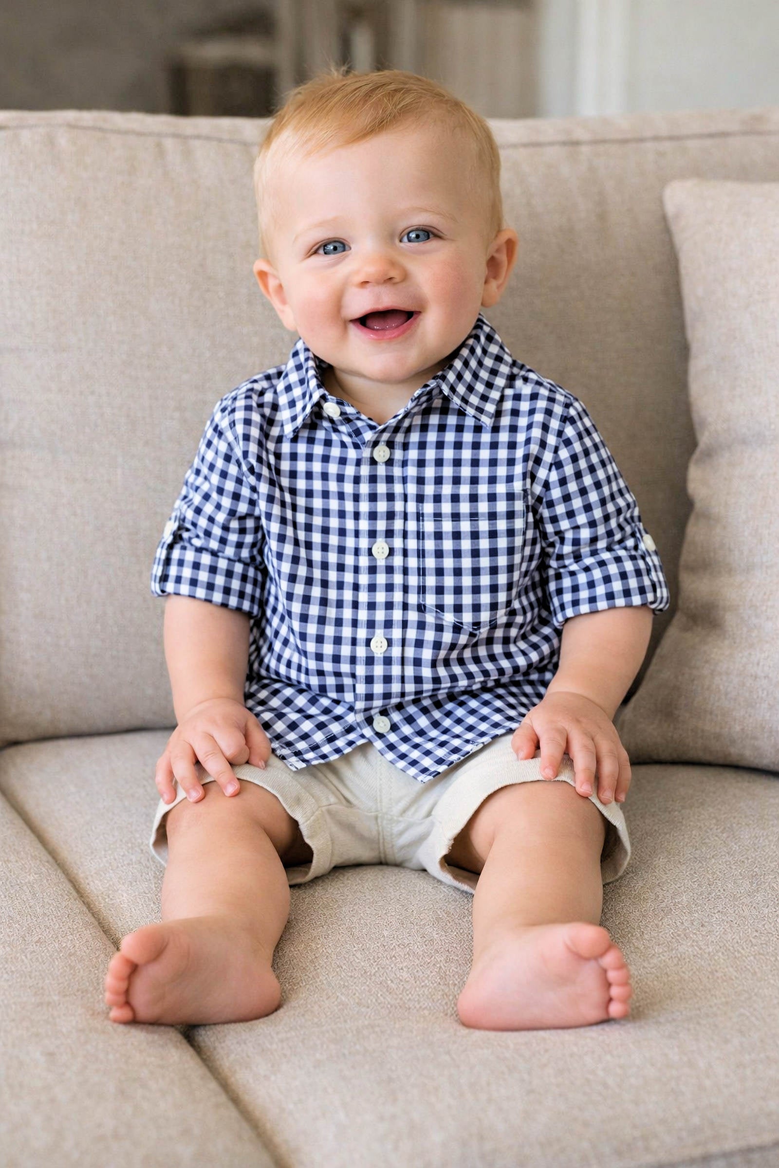 Organic Cotton Stretch Poplin Roll-Up Shirt for Babies, Navy Gingham, Family Matching Outfits