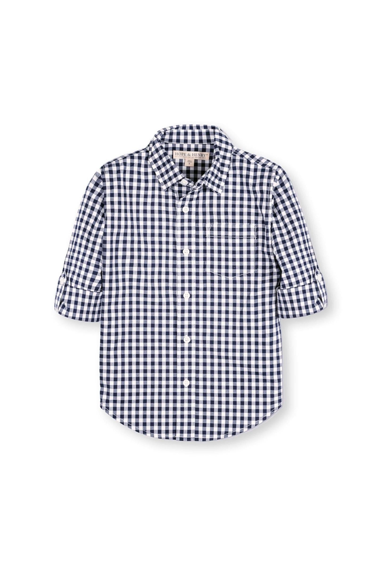 Organic Cotton Stretch Poplin Roll-Up Shirt for Babies, Navy Gingham, Family Matching Outfits