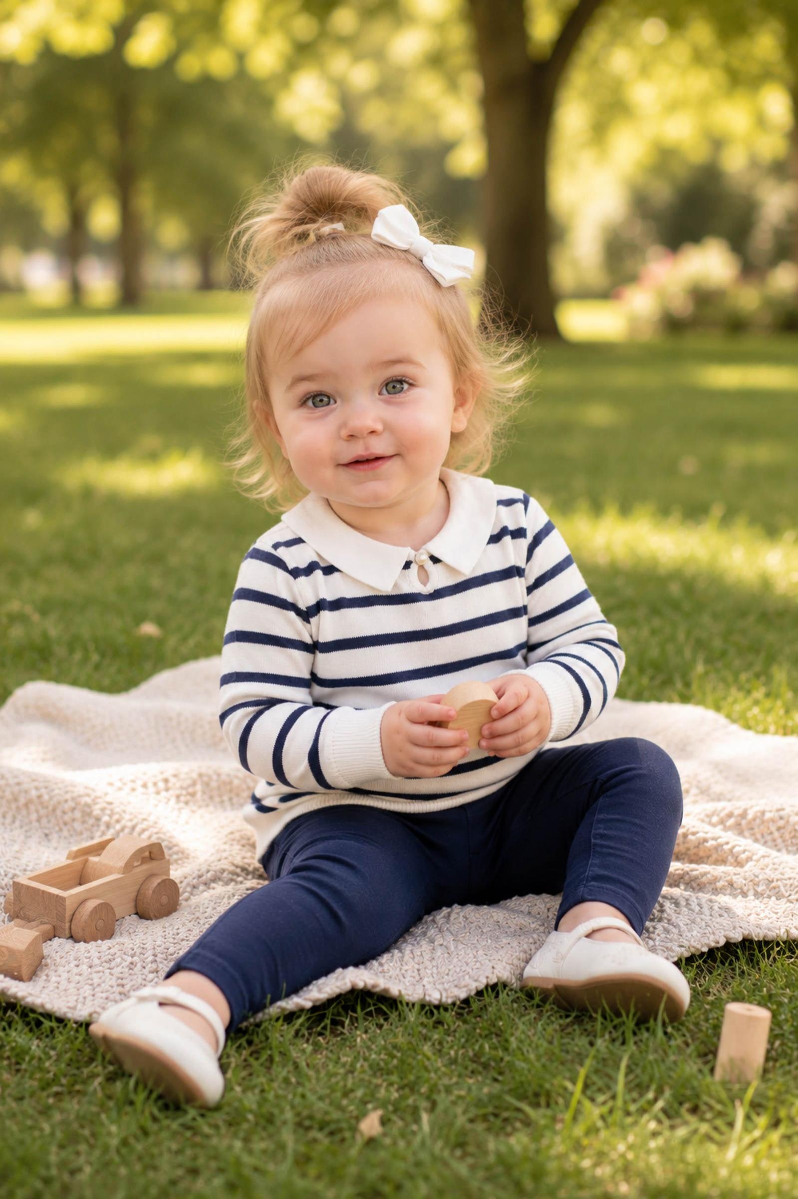 Organic Cotton French Collared Keyhole Sweater for Baby Girls, Navy Breton Stripe