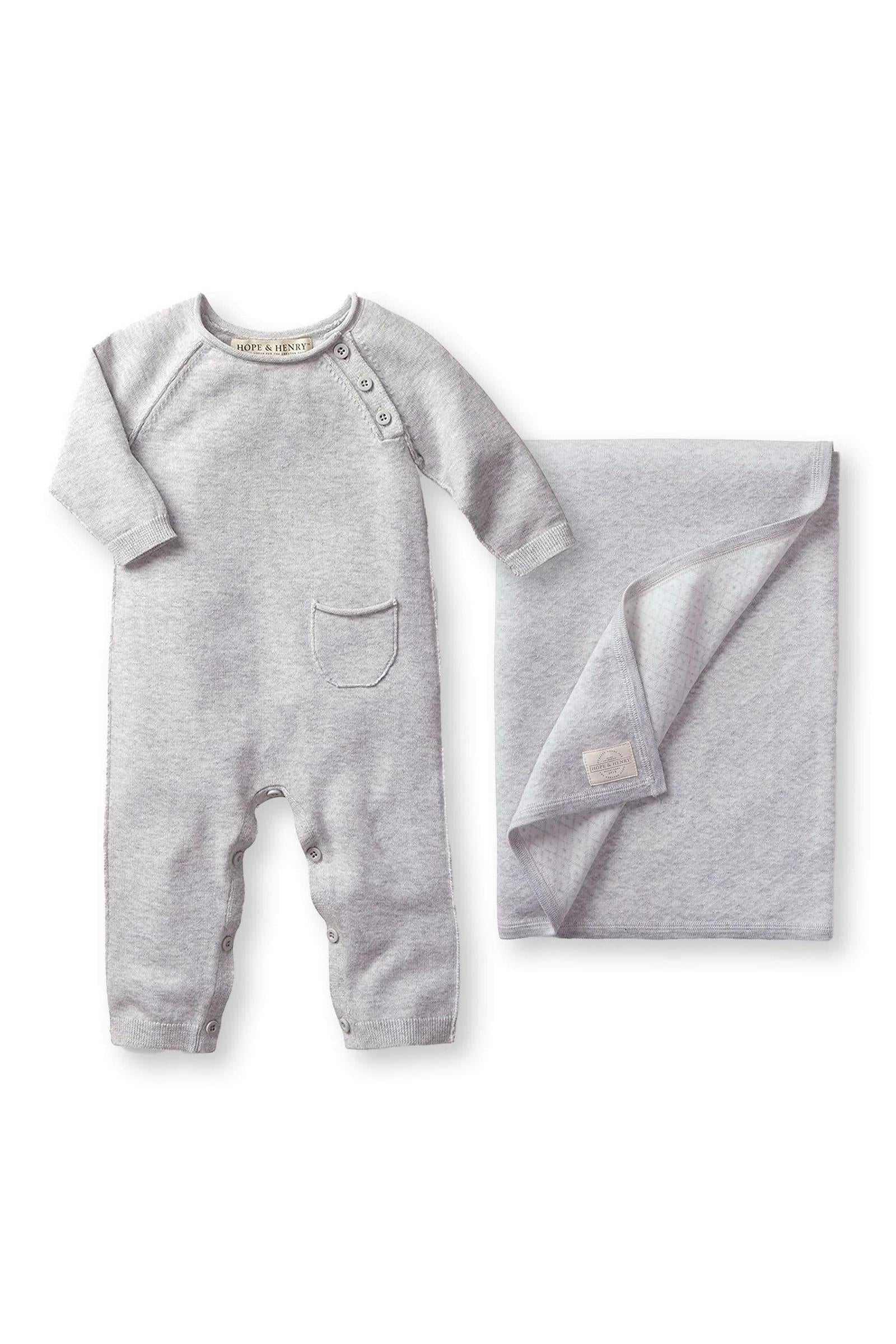 Organic Cotton Raglan Sweater Romper & Jacquard Blanket Gift Set for Babies, Gray
