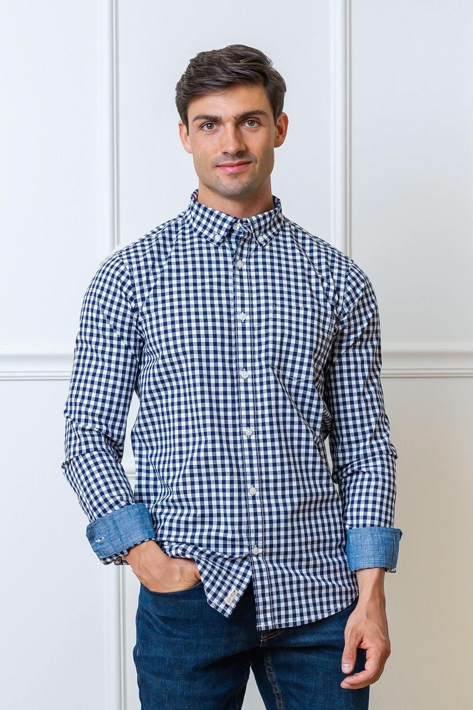 Organic Cotton Stretch Poplin Shirt, Navy Gingham, Men, Family Matching Outfits