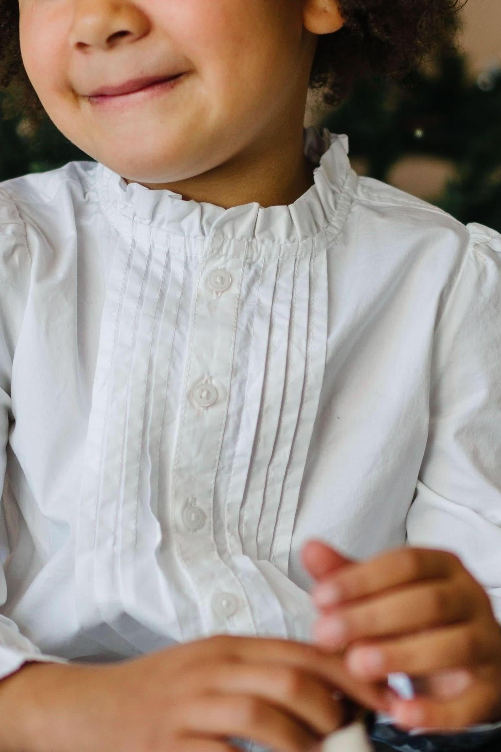 Organic Cotton Ruffle Neck Blouse with Pintucks for Baby Girls, White, Baby