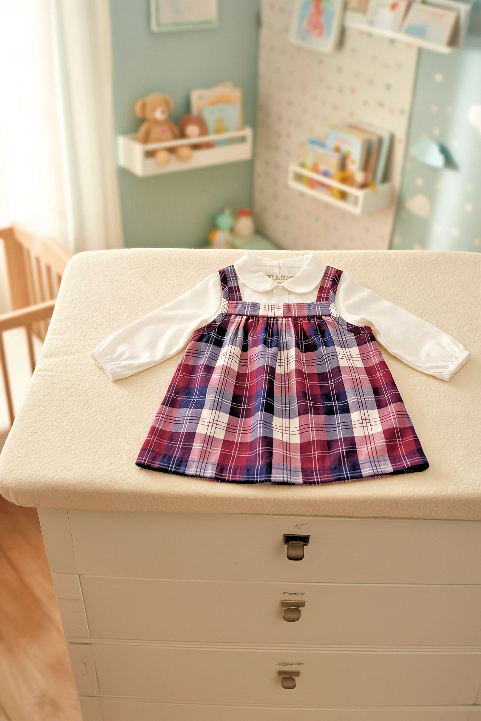 Organic Cotton Peter Pan Collar Bodysuit & Plaid Jumper Set for Girls, Berry Tartan, Baby
