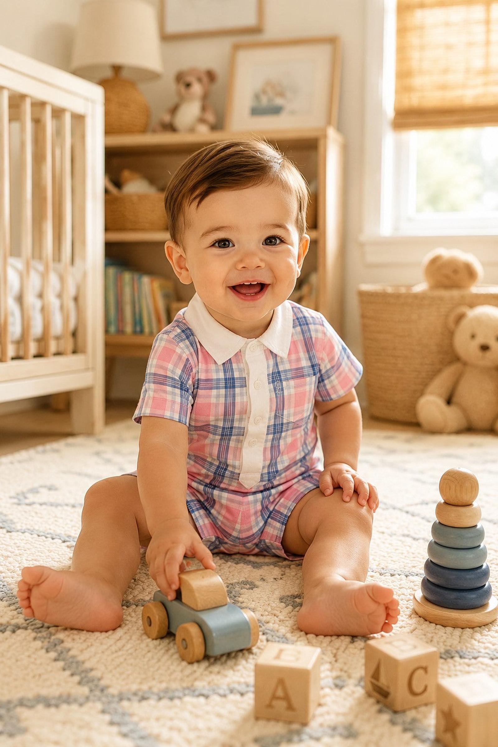 Stretch Organic Cotton Poplin Button Front Romper, Fresh Pink and Blue Plaid, Baby