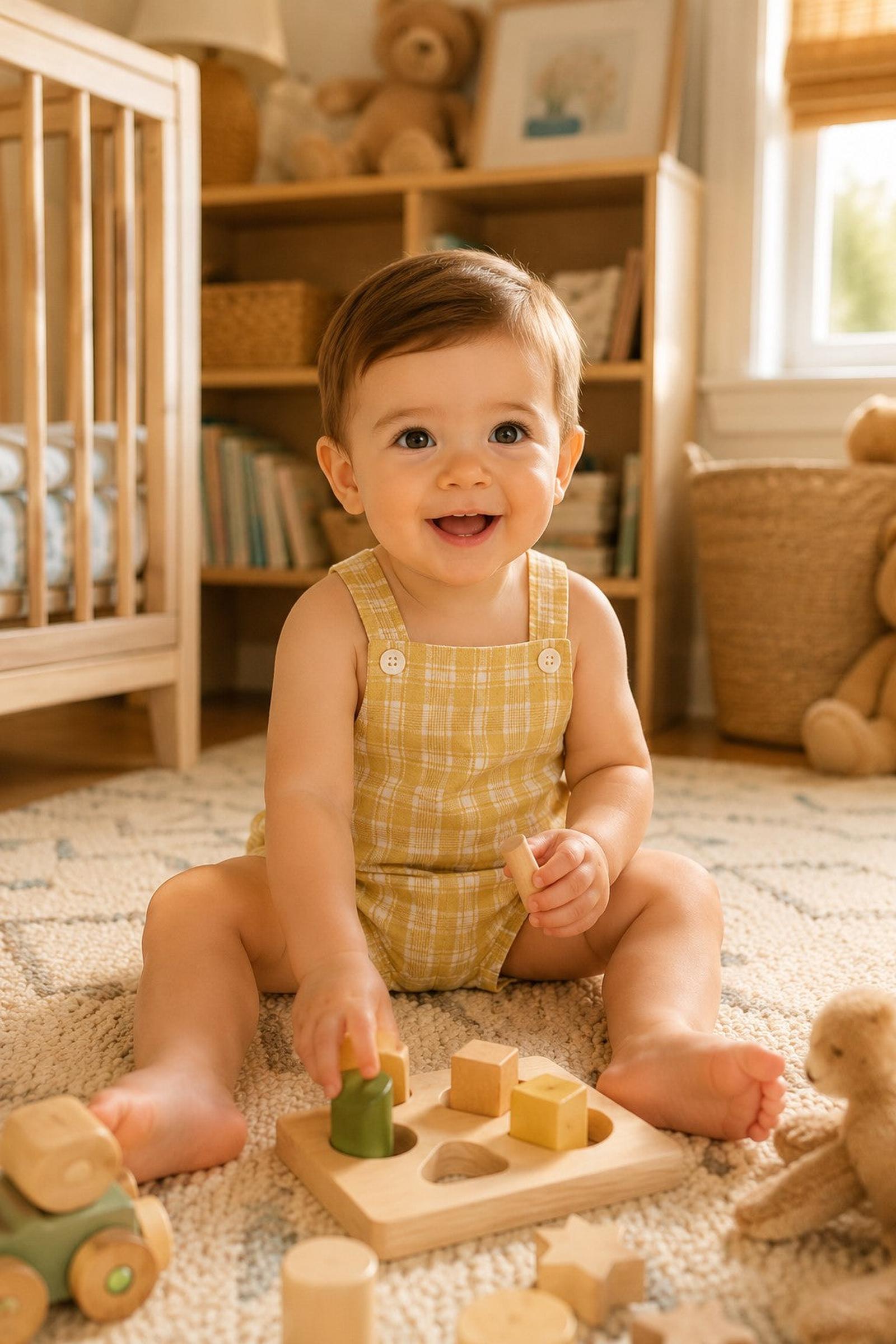Linen & Organic Cotton Shortie Overall Romper, Yellow Plaid Linen, Baby