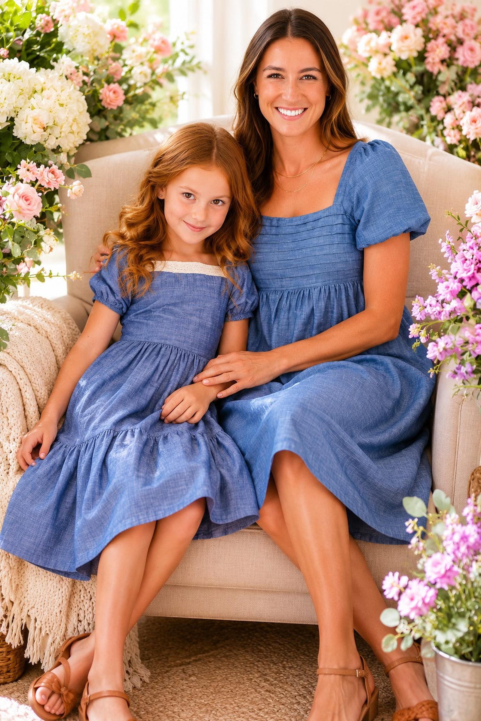 Organic Cotton Ruched Chambray Dress, Women, Family Matching Outfits
