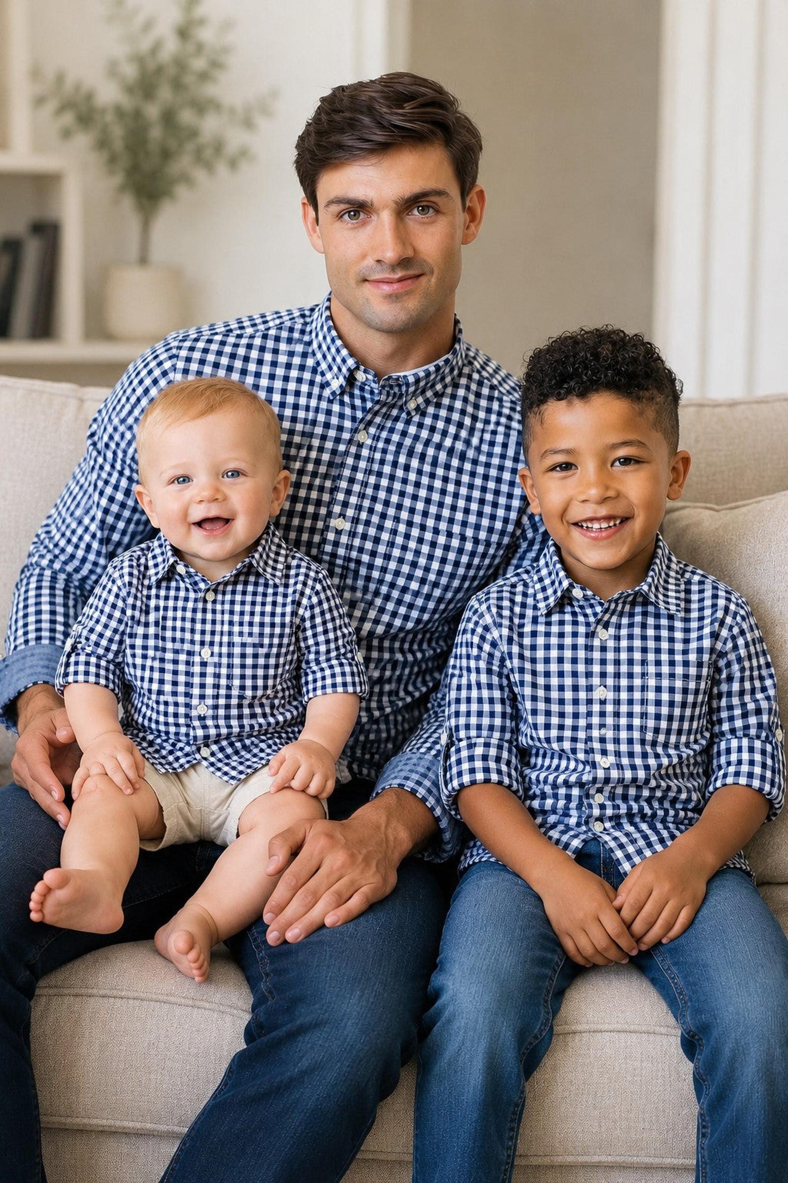 Organic Cotton Stretch Poplin Shirt, Navy Gingham, Men, Family Matching Outfits
