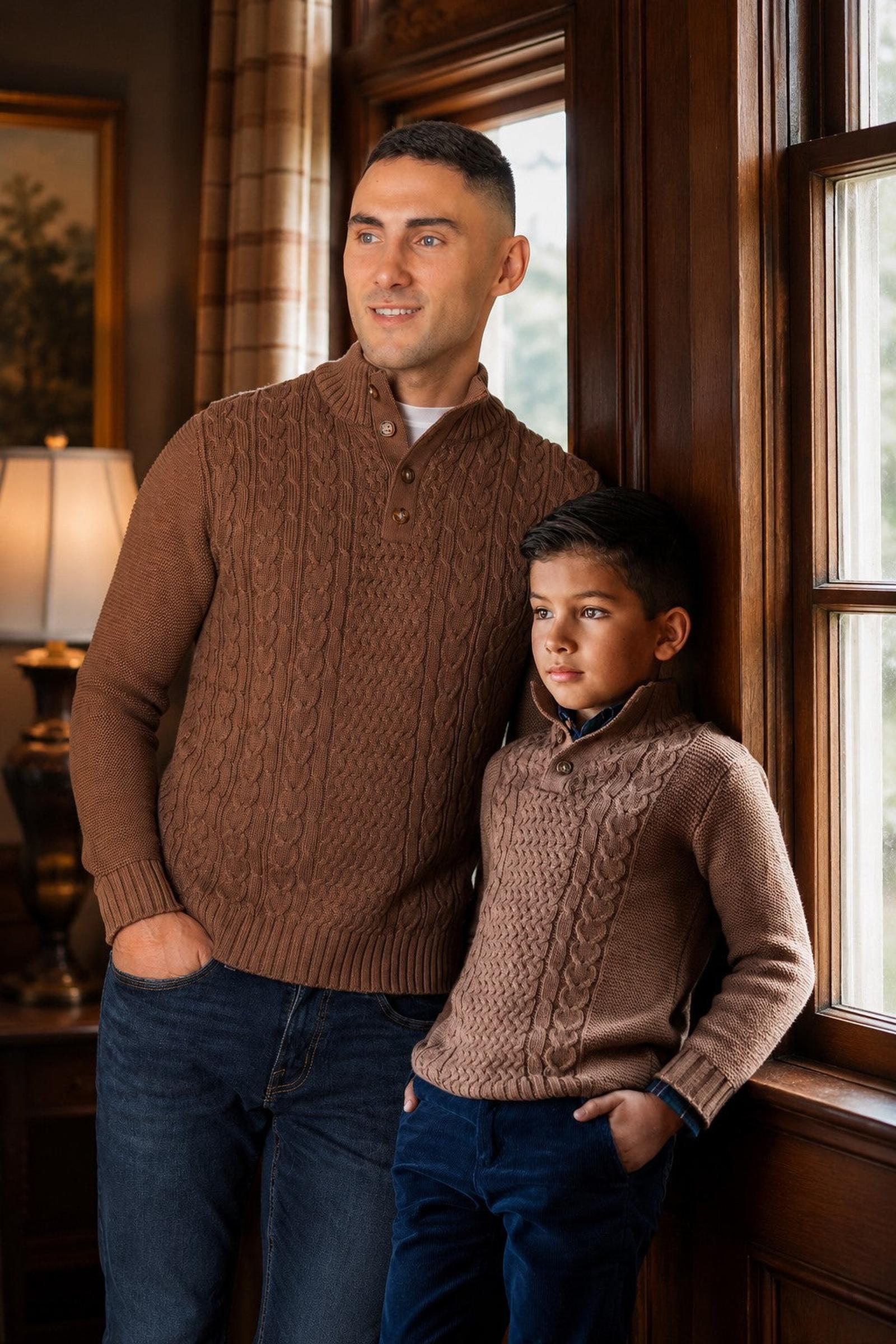 Organic Cotton Mock Neck Cable Sweater, Cinnamon Heather, Sizes 2T-18, Family Matching Outfits