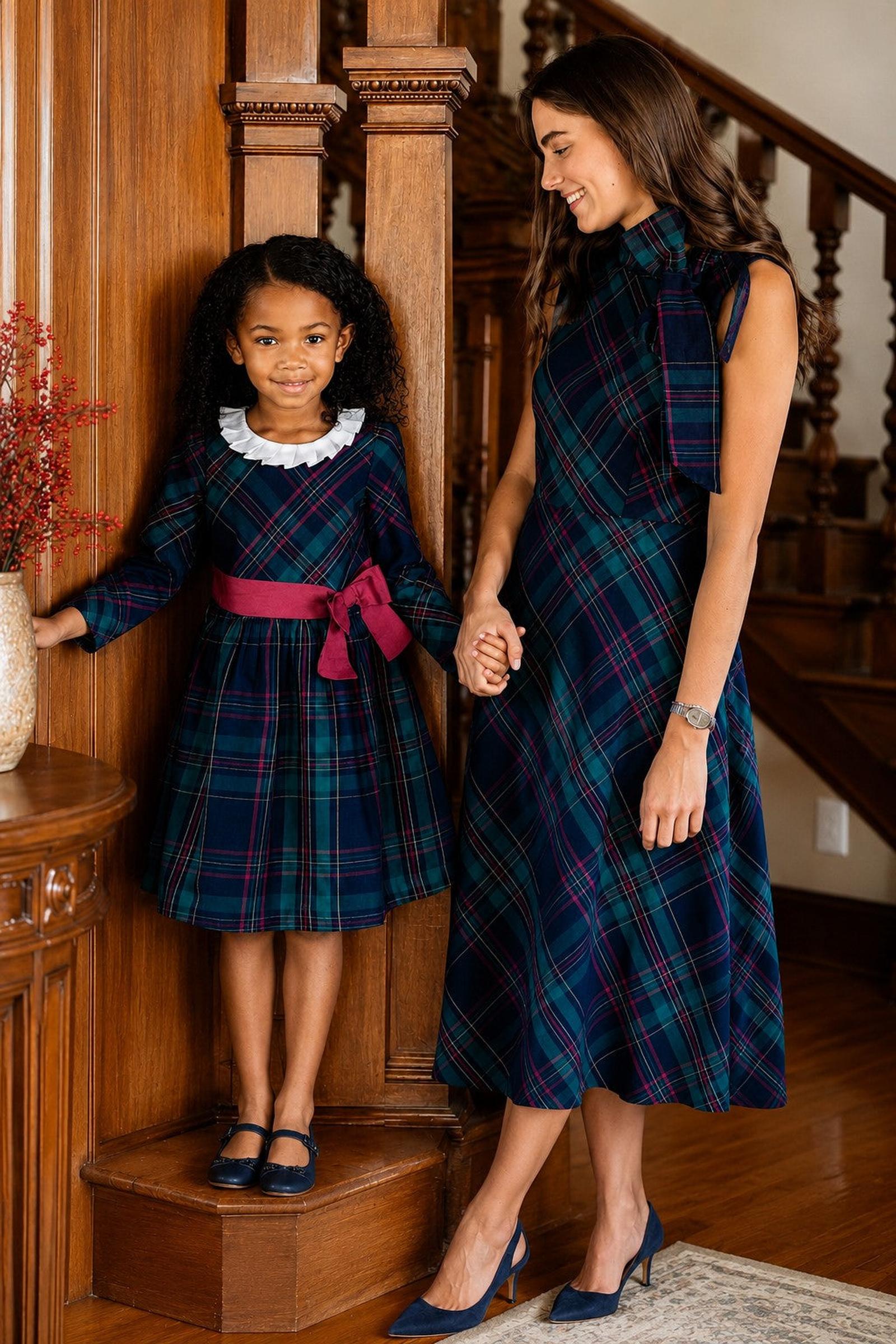 Organic Cotton Bow Neck Dress, Scottish Plaid, Women, Family Matching Outfits