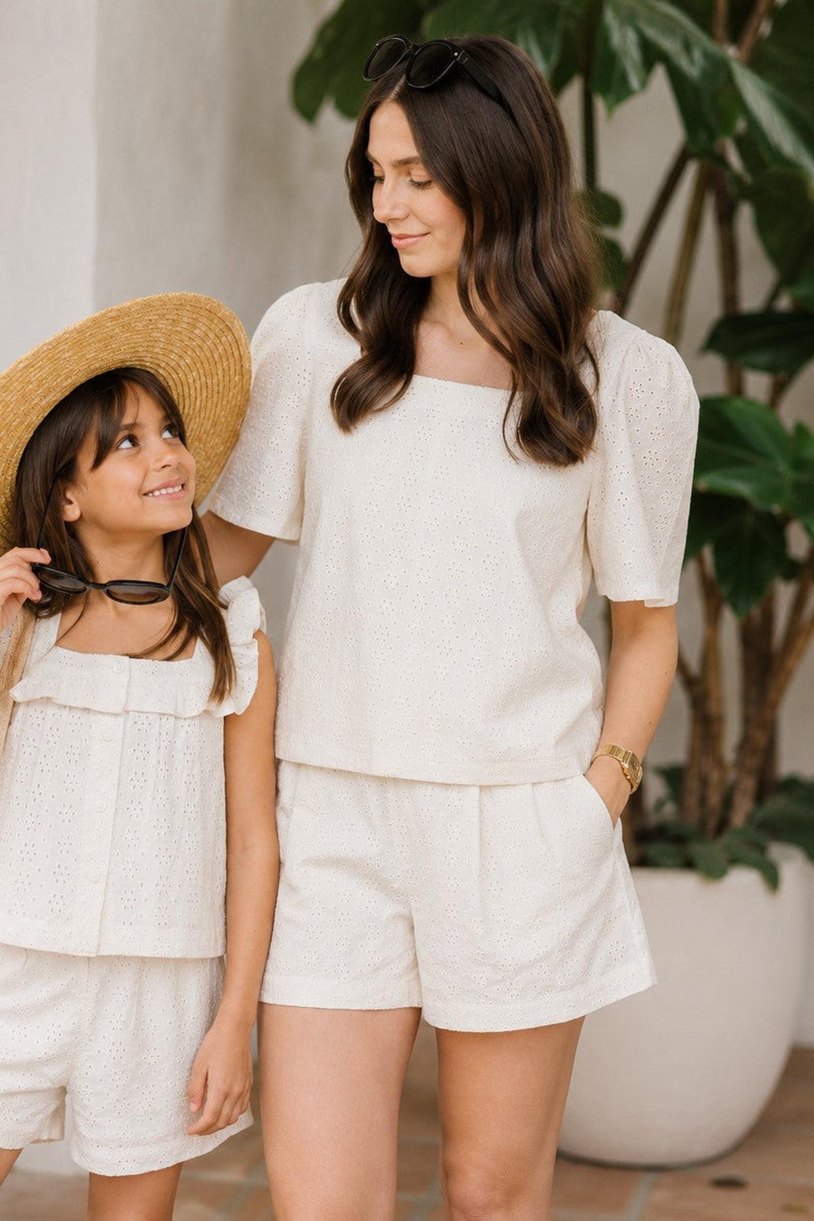 Organic Cotton Flounce Sleeve Eyelet Top, Natural, Women, Family Matching Outfits