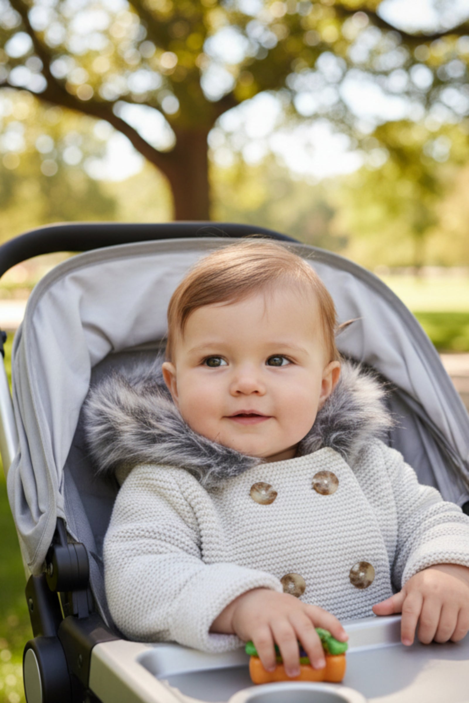 Organic Cotton Faux Fur Hooded Sweater & Pants Set for Babies, Light Gray