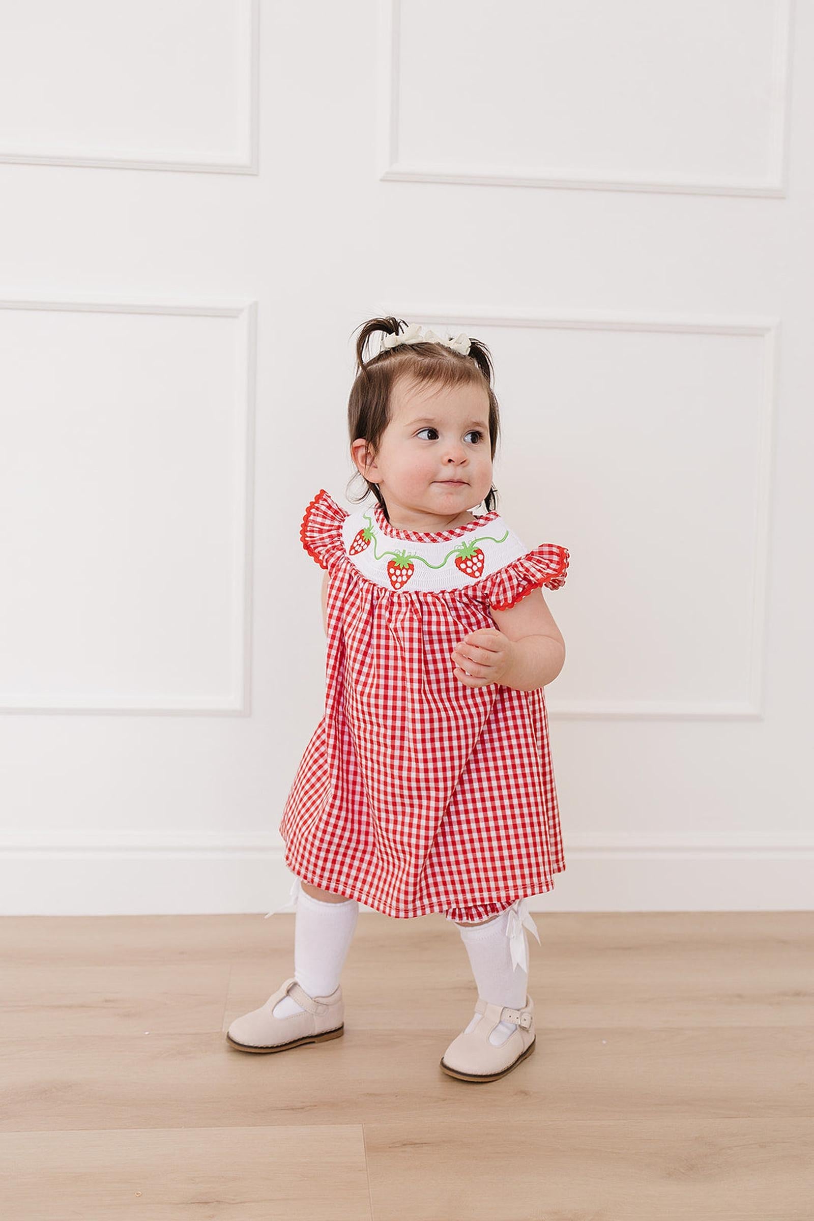 Gingham Strawberry Cotton Dress, Baby - Kids