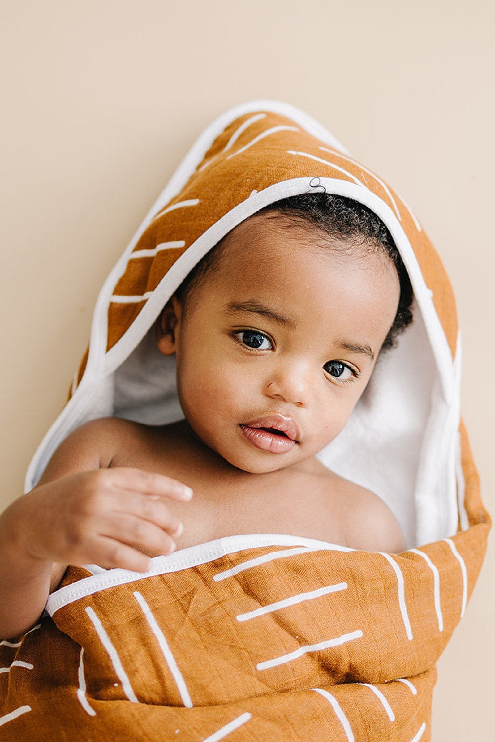 Mustard Mudcloth Muslin Hooded Towel, 100% Cotton, Baby Essentials