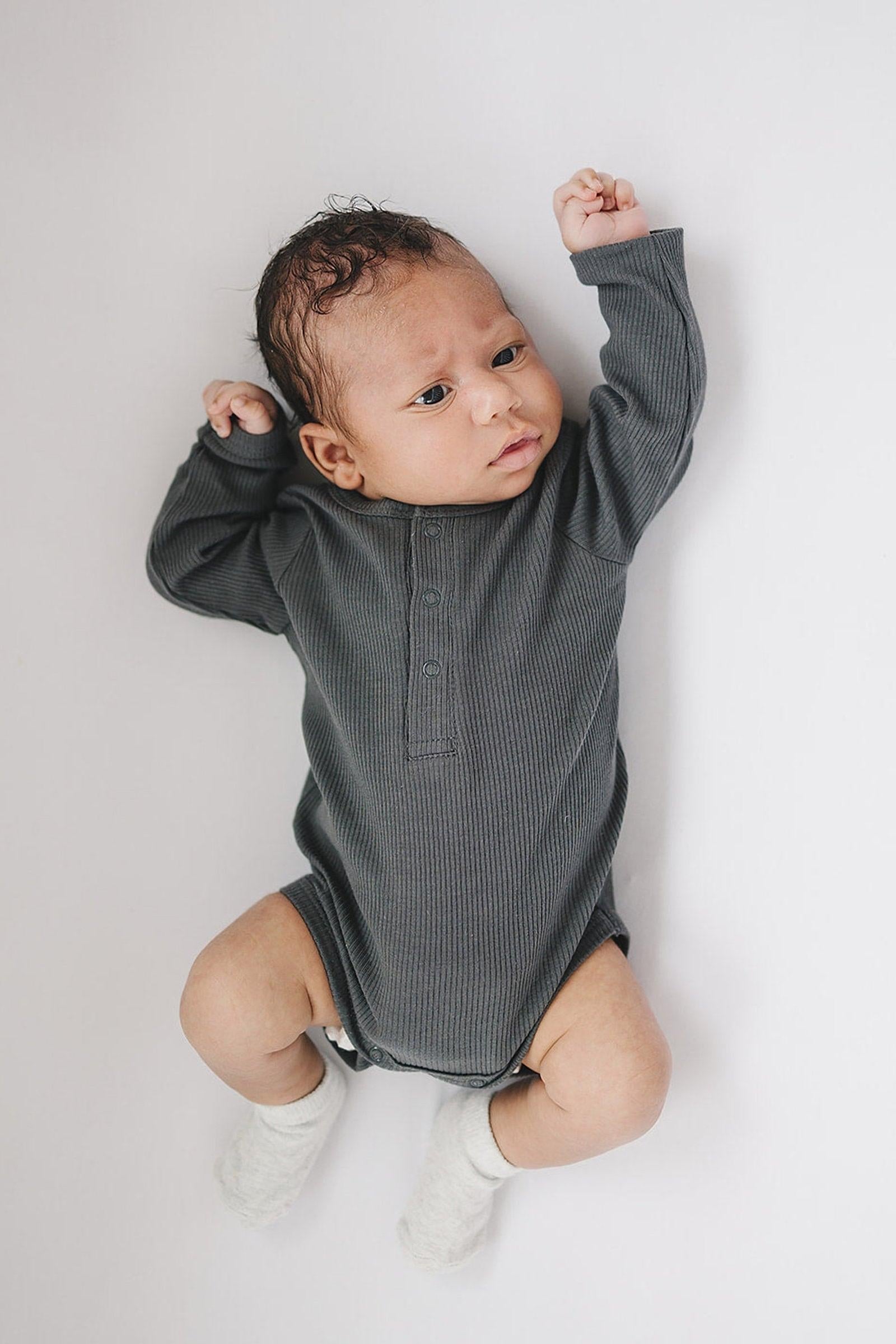 Charcoal Organic Snap Long Sleeve Ribbed Bodysuit, Baby Essentials, Cotton