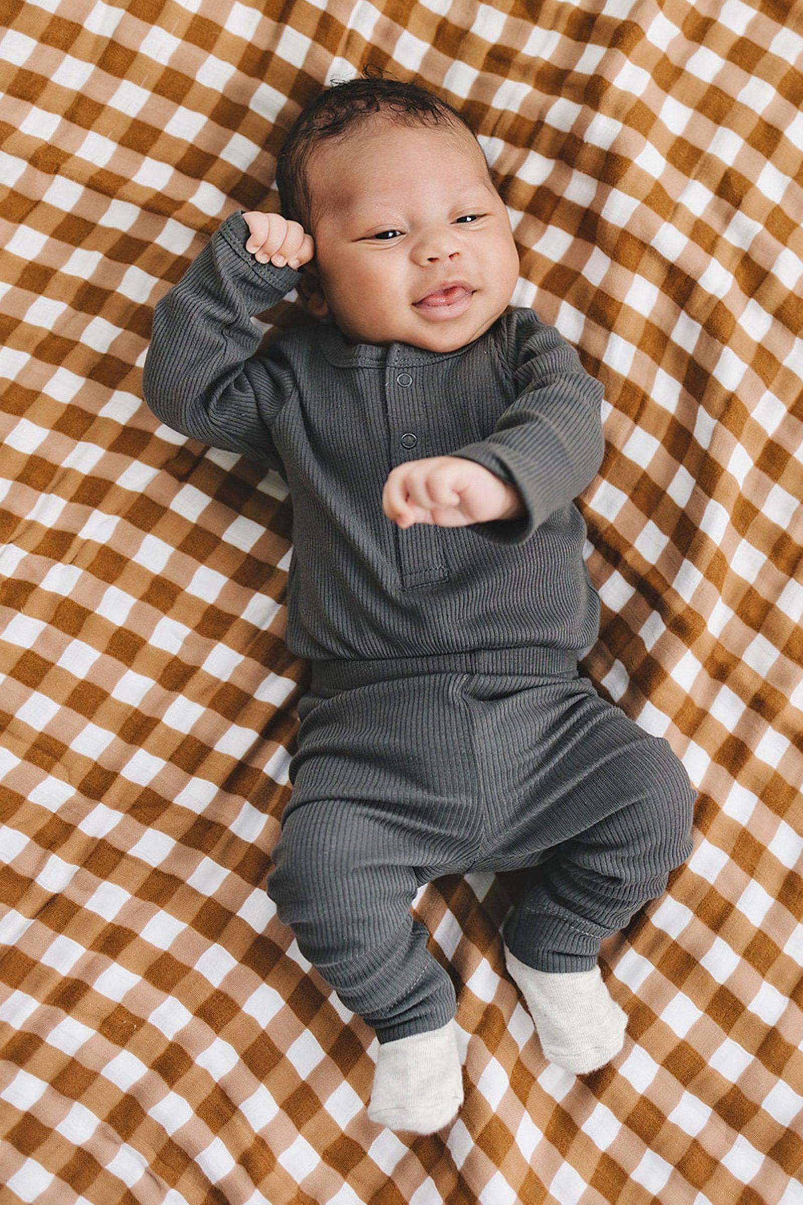 Charcoal Organic Snap Long Sleeve Ribbed Bodysuit, Baby Essentials, Cotton