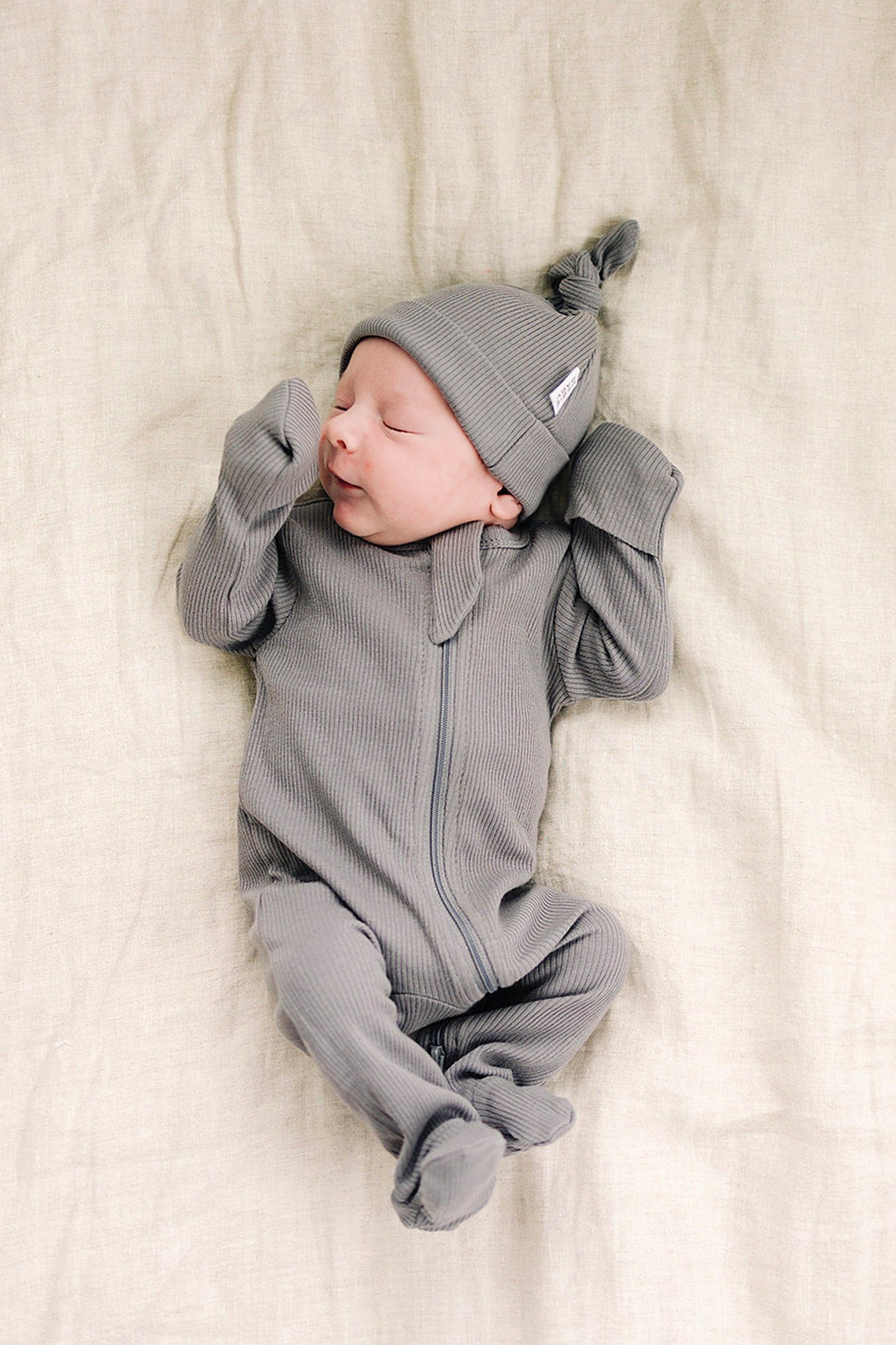 Grey Ribbed Zipper Footed Pajama, Organic Cotton, Baby Essentials