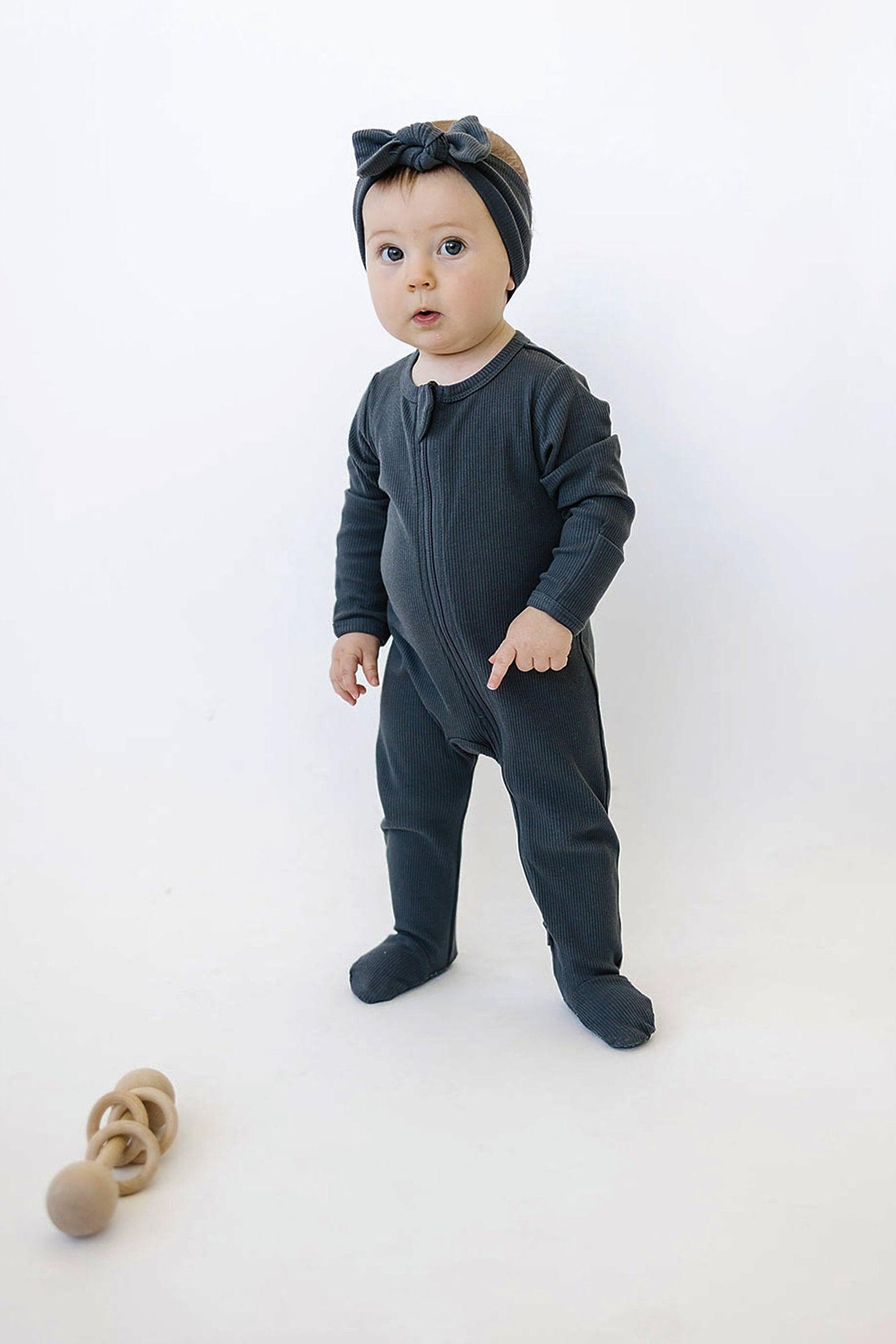 Charcoal Ribbed Zipper Footed Pajama, Baby Essentials, Organic Cotton