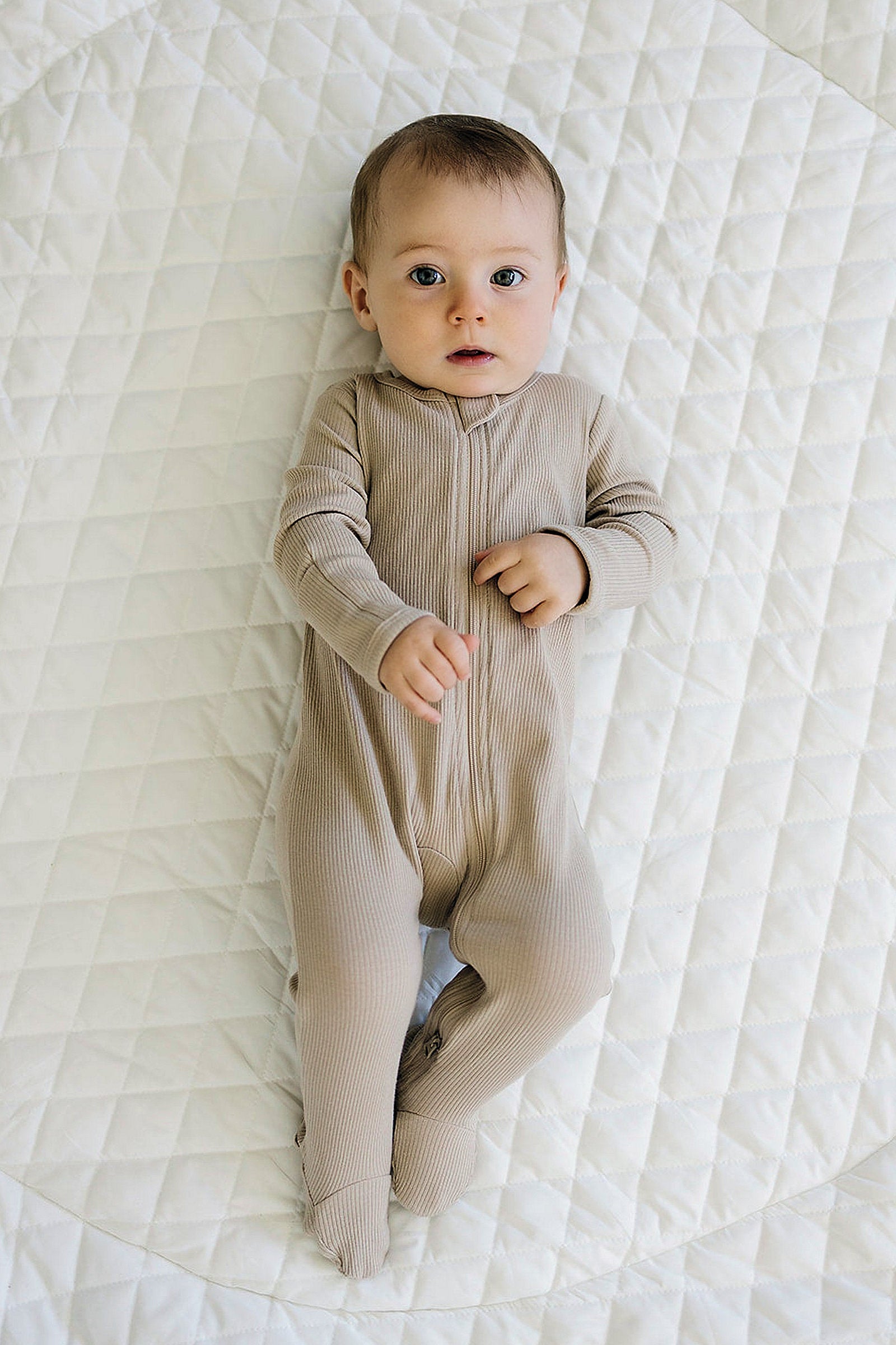 Oatmeal Ribbed Zipper Footed Pajama, Organic Cotton, Baby Essentials