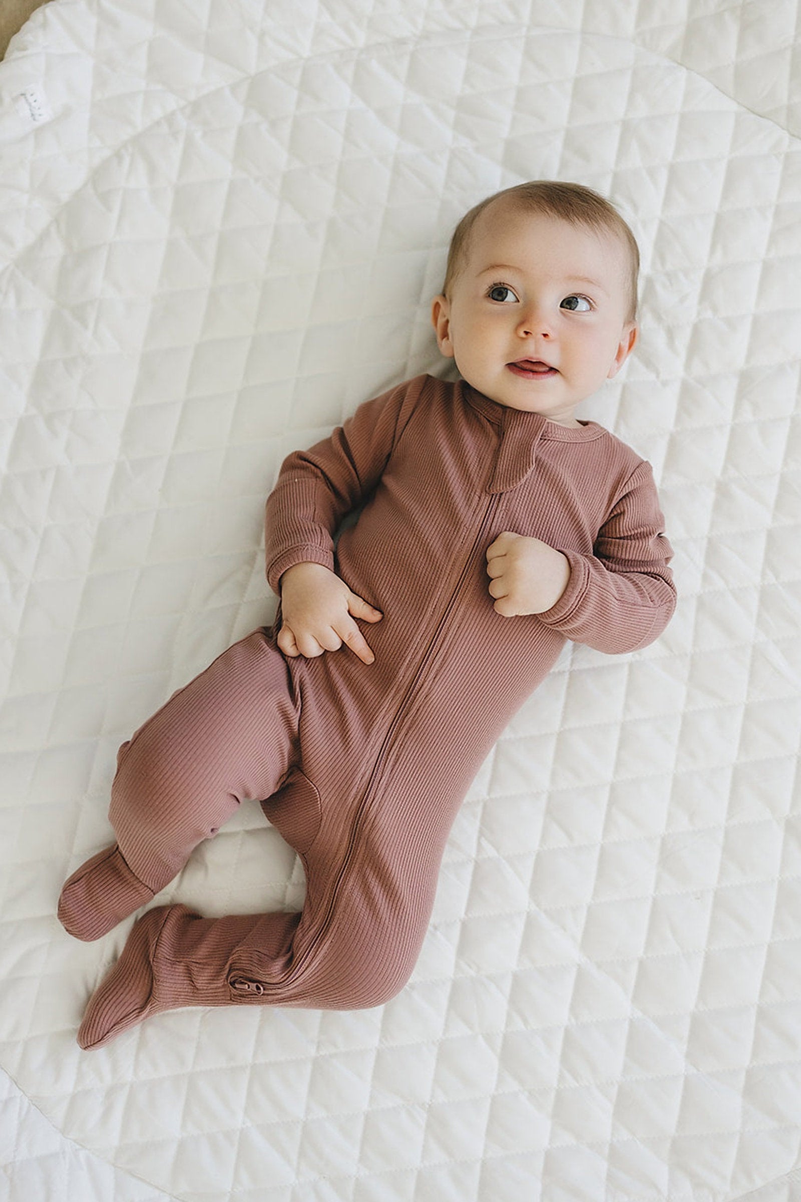 Dusty Rose Ribbed Zipper Footed Pajama, Baby Essentials, Organic Cotton