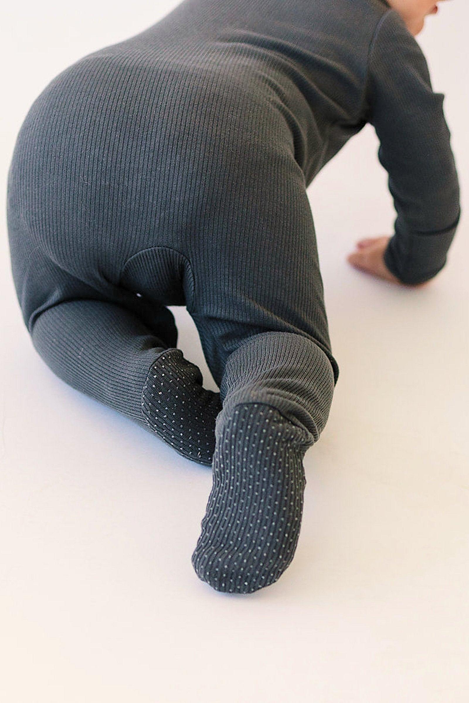 Charcoal Ribbed Zipper Footed Pajama, Baby Essentials, Organic Cotton