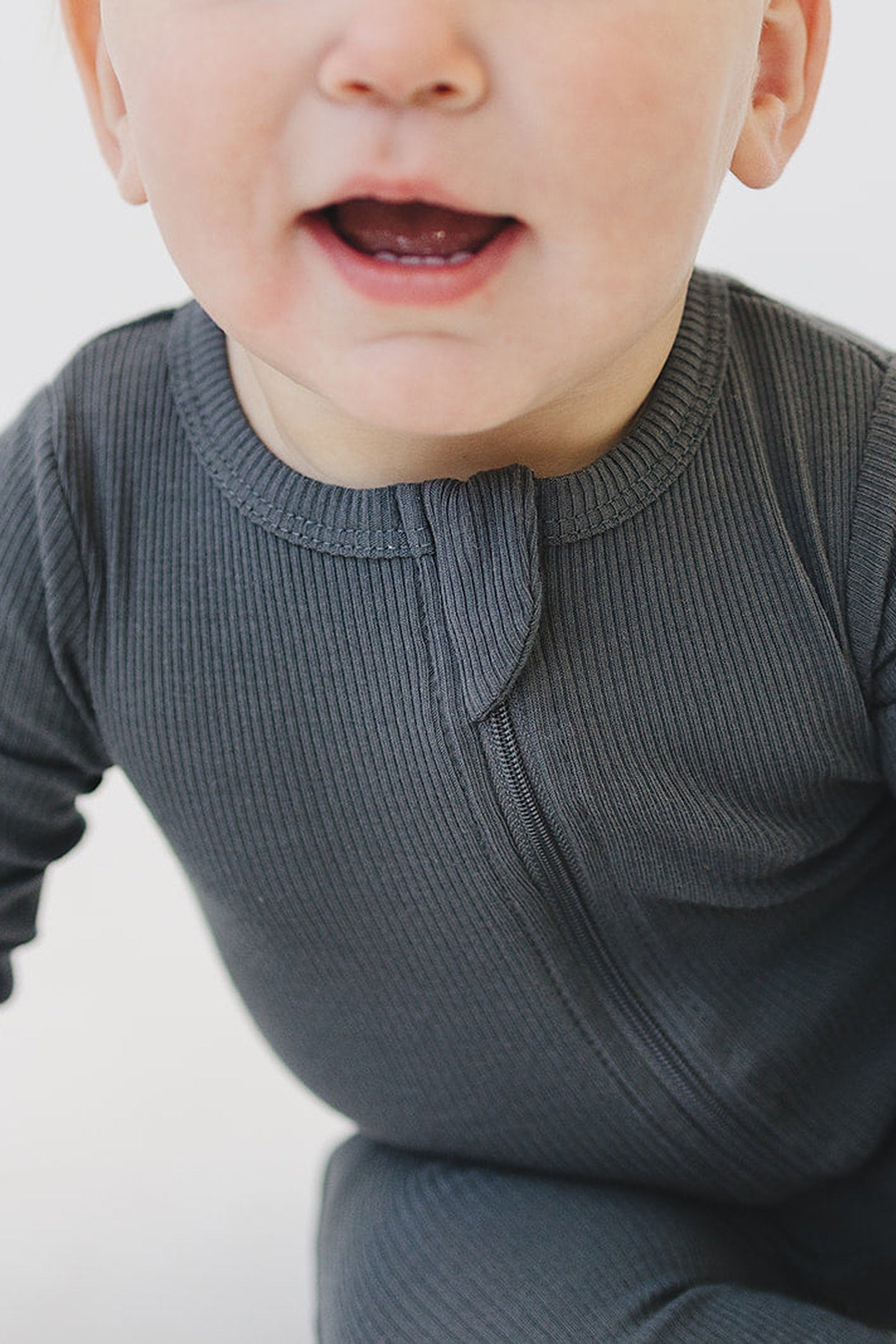 Charcoal Ribbed Zipper Footed Pajama, Baby Essentials, Organic Cotton