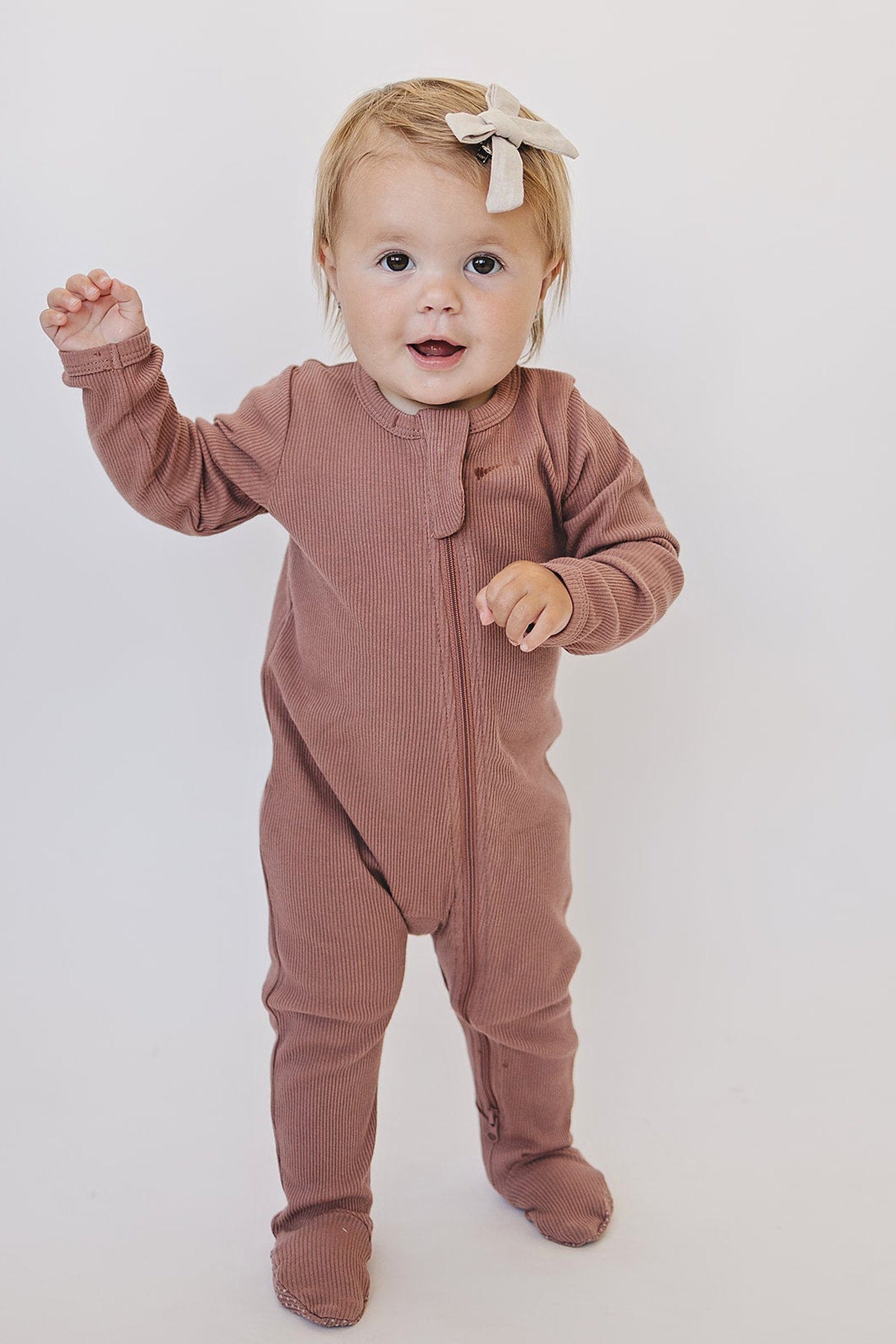 Dusty Rose Ribbed Zipper Footed Pajama, Baby Essentials, Organic Cotton
