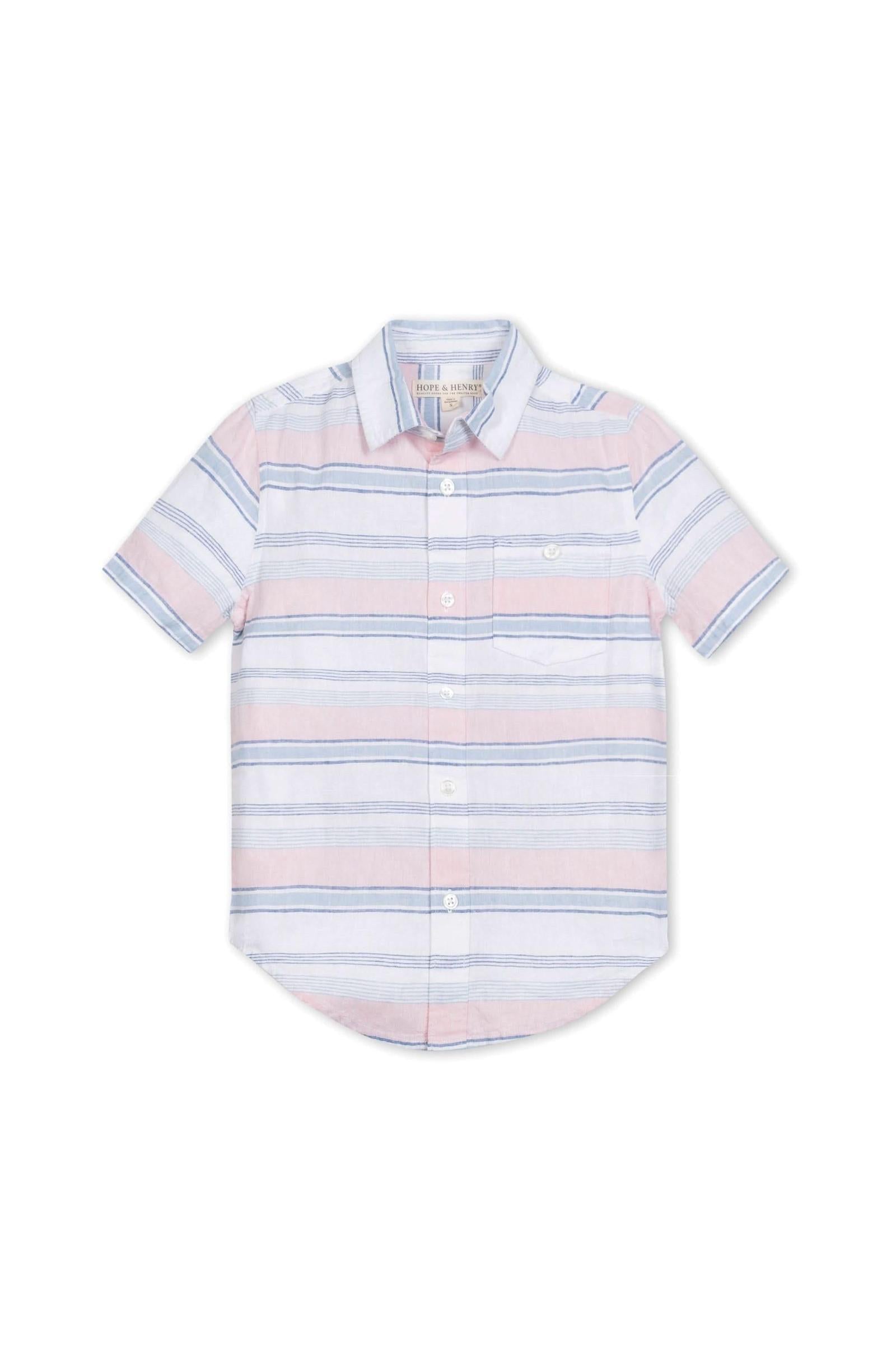 Linen Button Down Casual Shirt for Boys, Short Sleeve Striped, Toddler & Kids