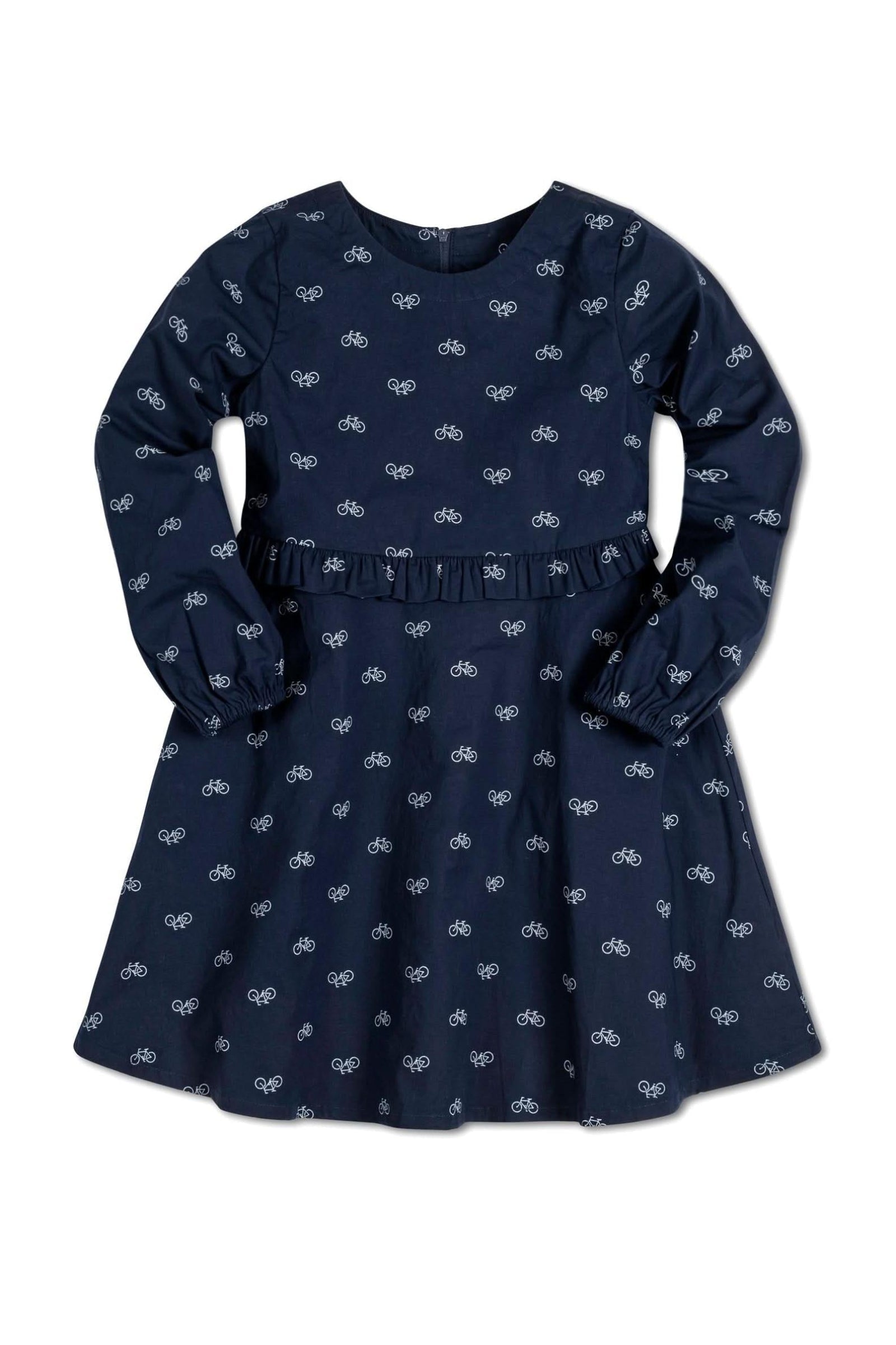 Organic Cotton Ruffle Waist Dress, Navy Bicycle Print, Toddler & Kids