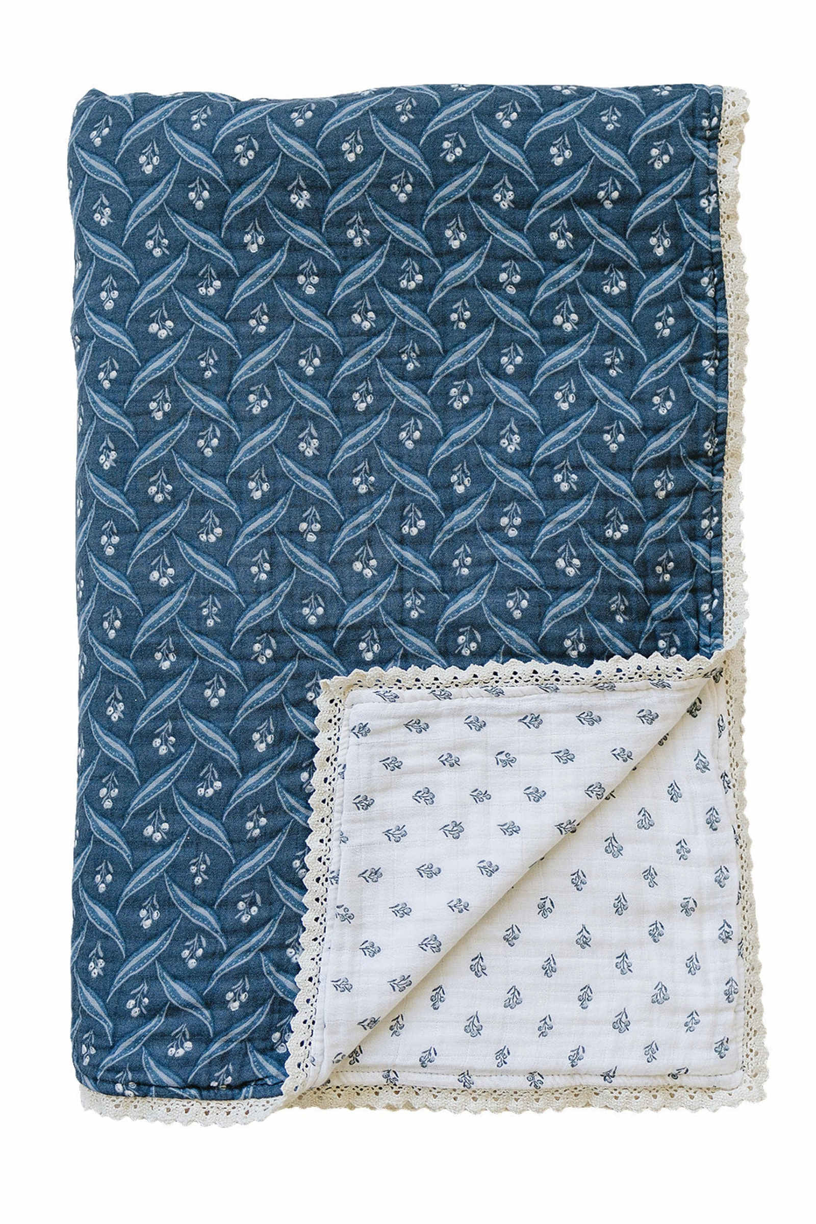 Navy Berry + Cream Berry Lace Muslin Twin Quilt, 100% Cotton, Baby Essentials