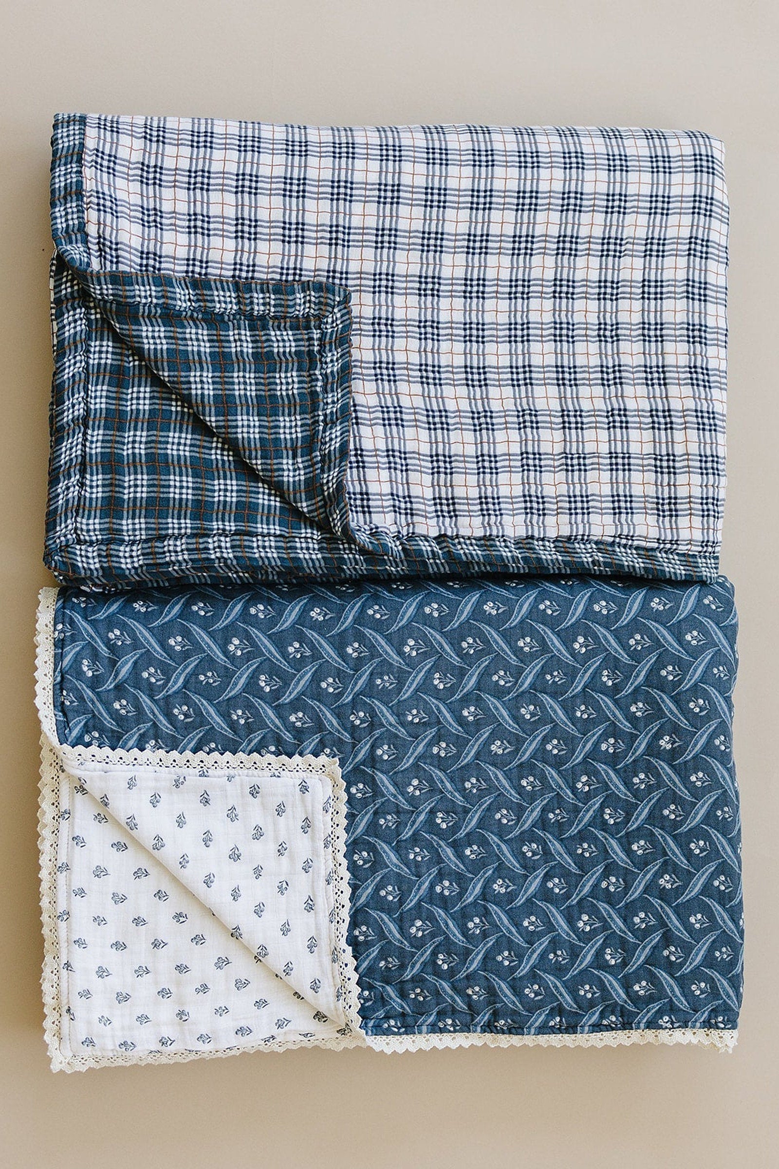 Vintage Plaid + Navy Plaid Muslin Twin Quilt, 100% Cotton, Baby Essentials