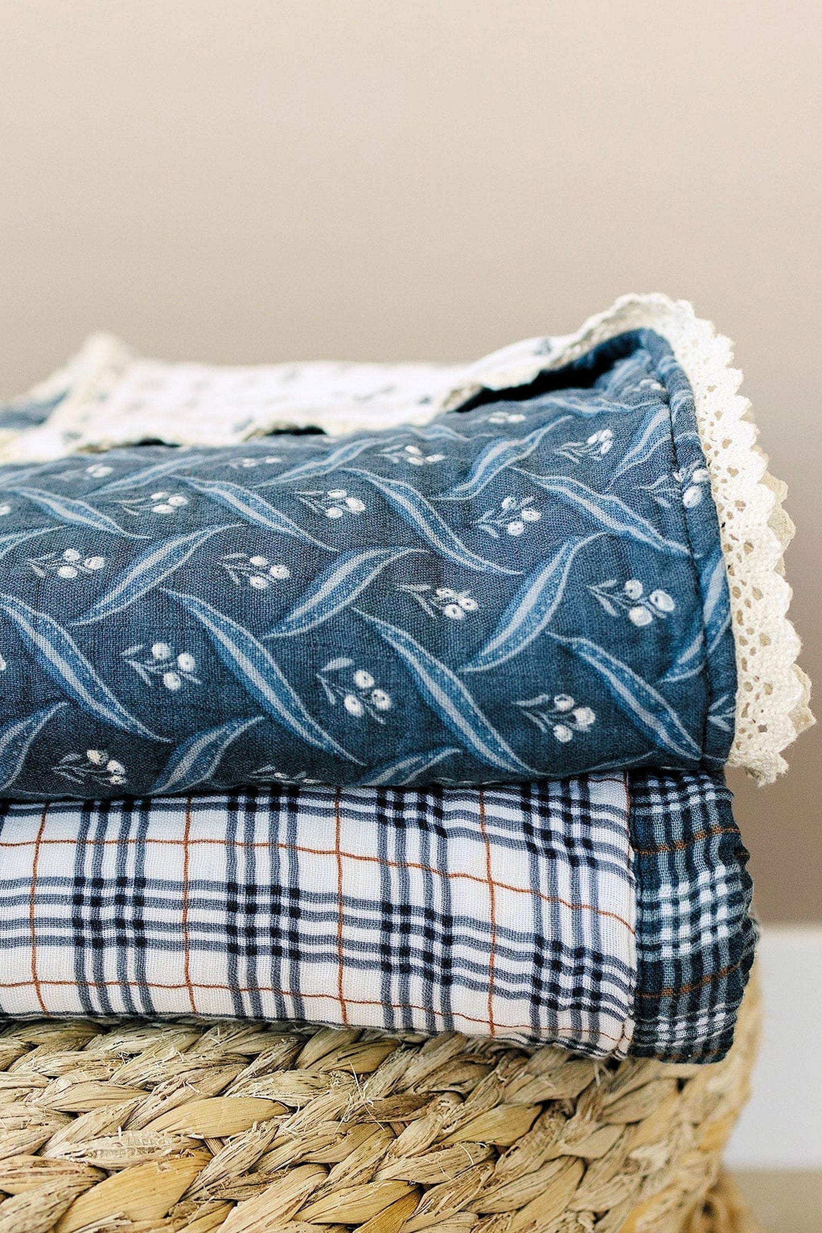 Vintage Plaid + Navy Plaid Muslin Twin Quilt, 100% Cotton, Baby Essentials
