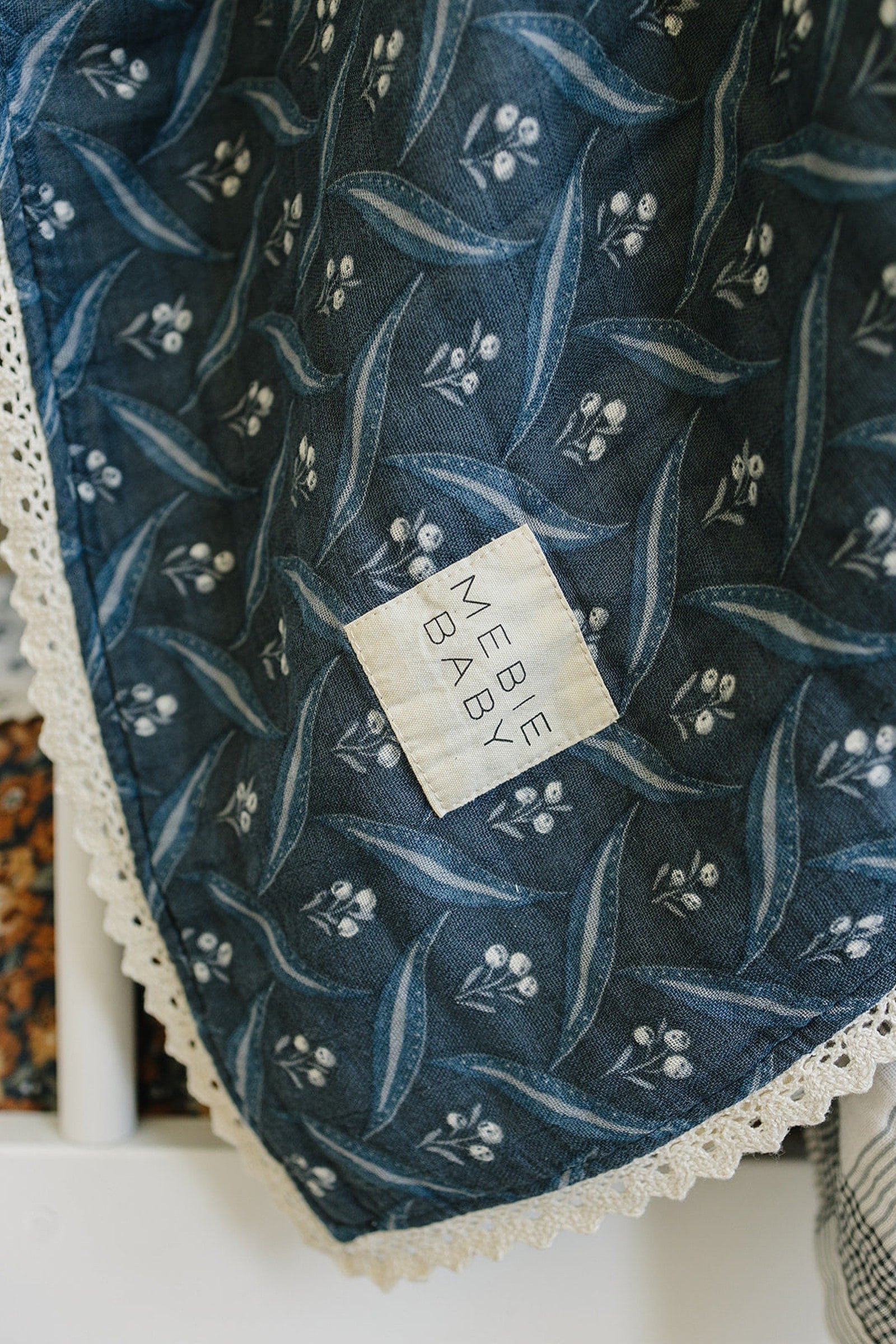 Navy Berry + Cream Berry Lace Muslin Crib Quilt, 100% Cotton, Modern, Gender Neutral, Baby