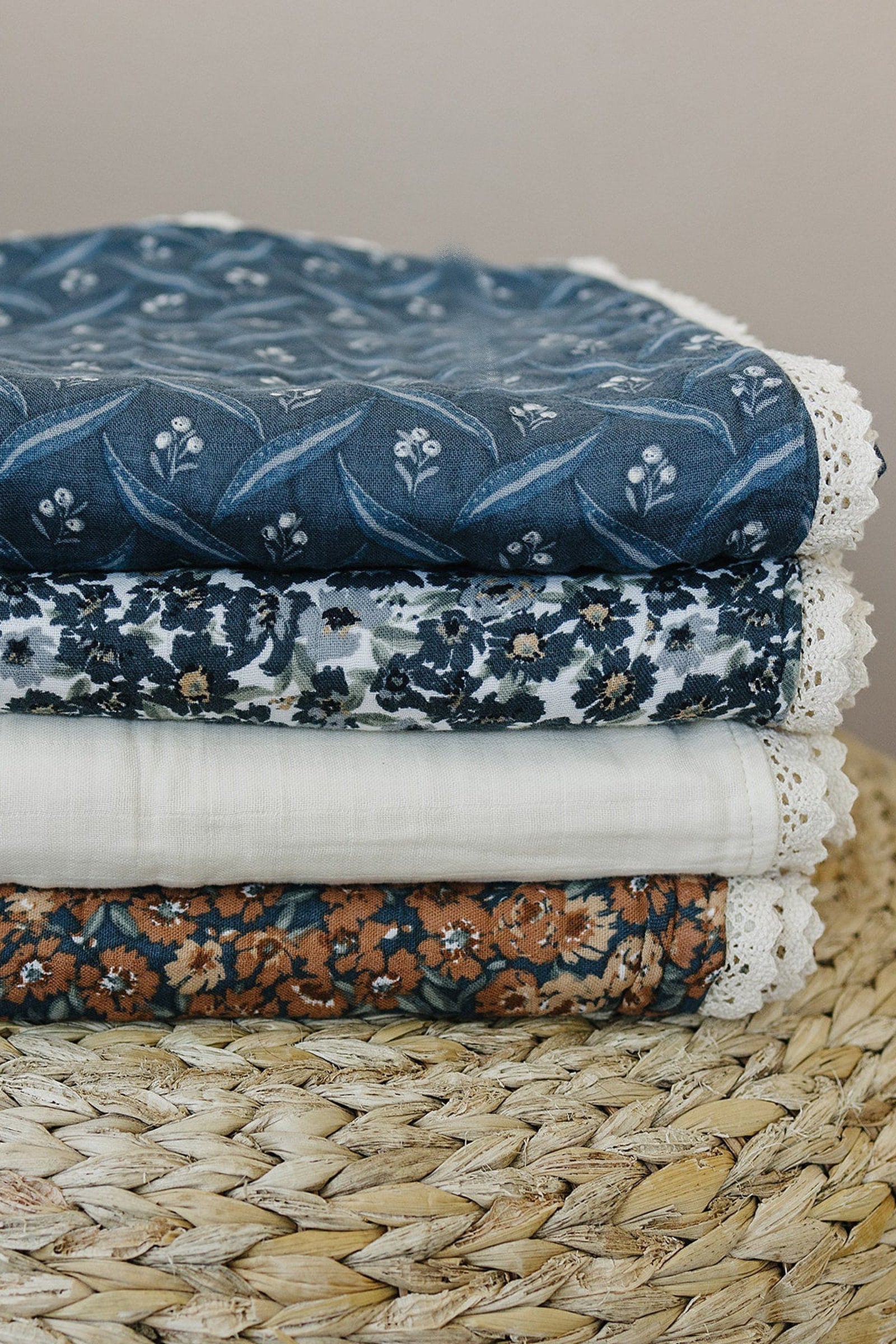 Venetian Floral + Autumn Bloom Lace Lightweight Muslin Crib Quilt, 100% Cotton, Baby Essentials