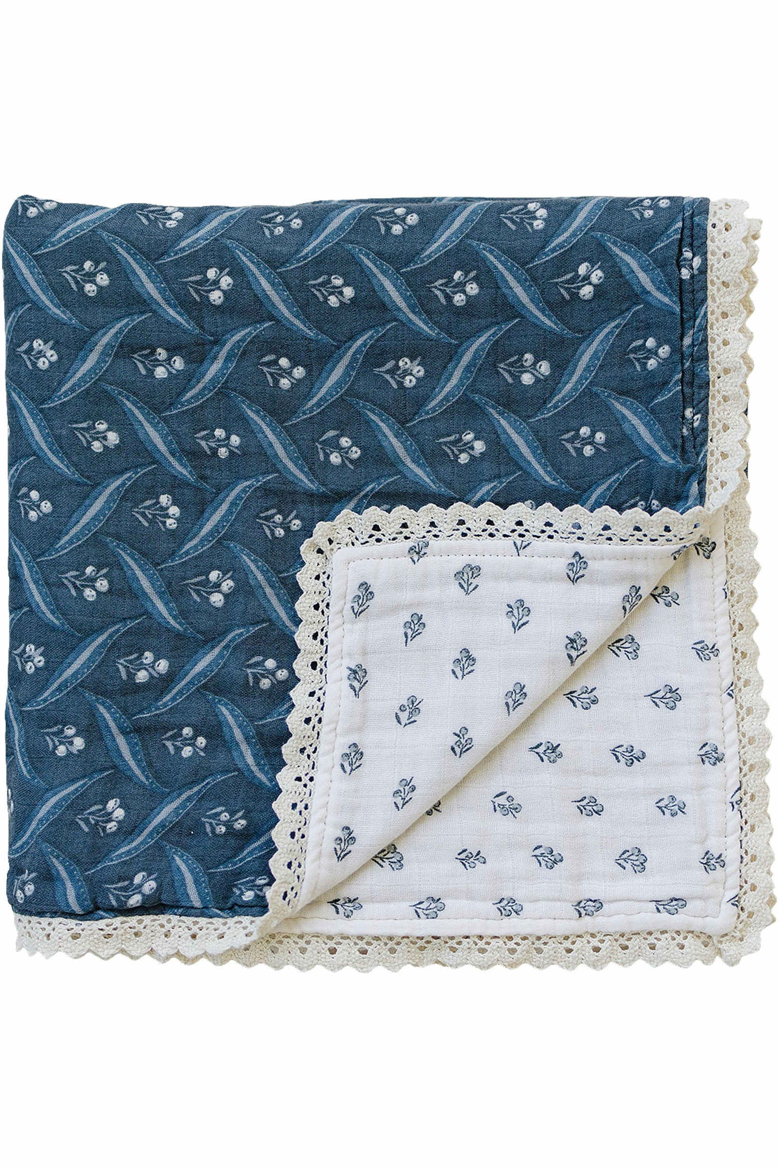 Navy Berry + Cream Berry Lace Muslin Crib Quilt, 100% Cotton, Modern, Gender Neutral, Baby