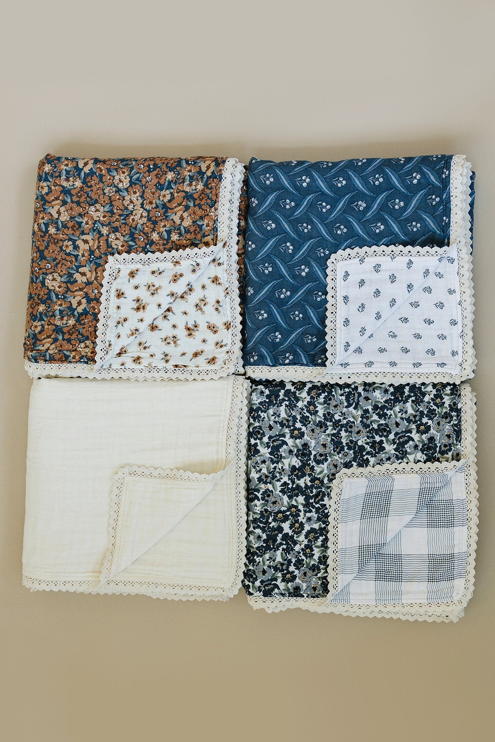 Liberty Floral + Coastal Plaid Lace Crib Lightweight Muslin Crib Quilt, 100% Cotton, Baby Essentials