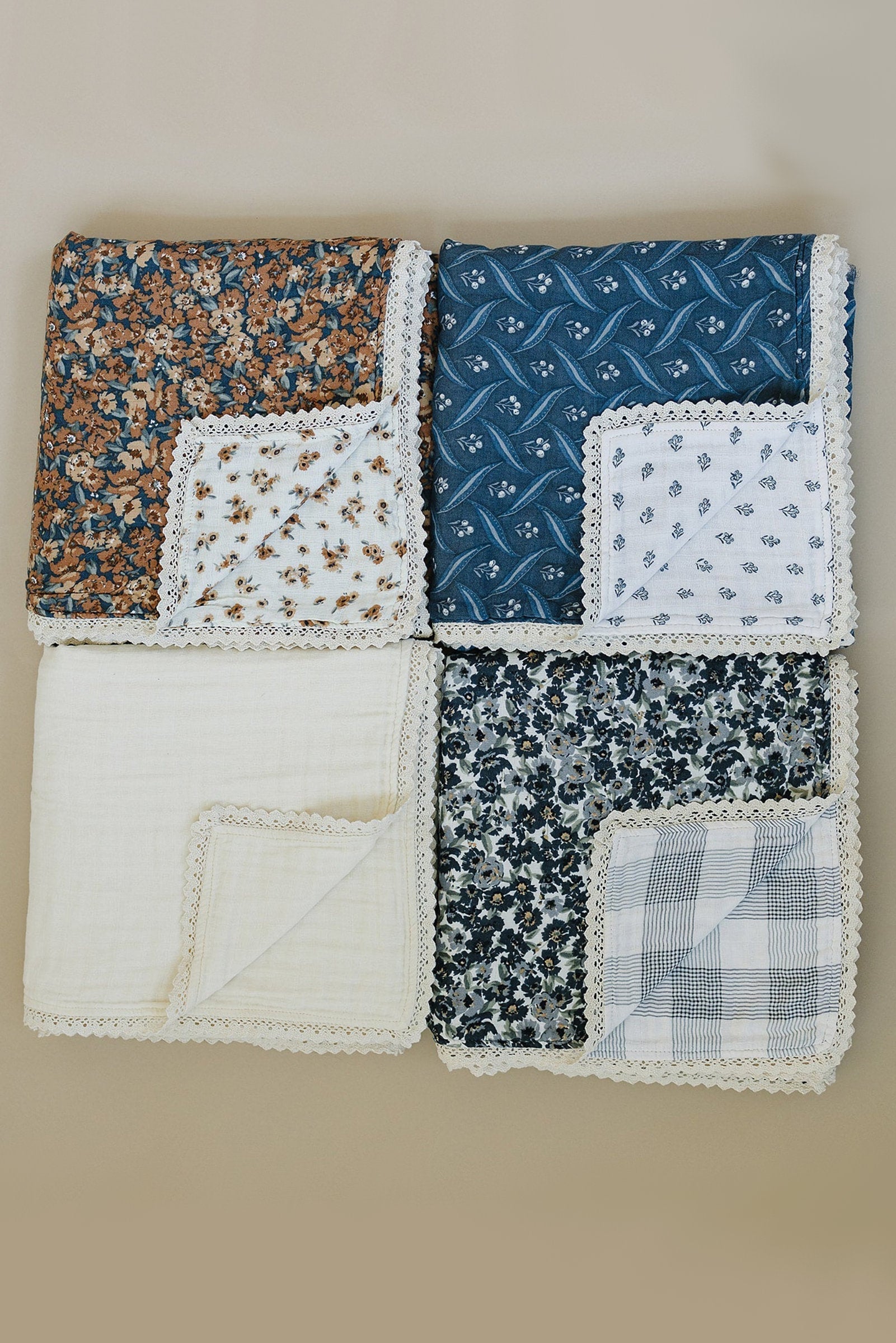 Navy Berry + Cream Berry Lace Muslin Crib Quilt, 100% Cotton, Modern, Gender Neutral, Baby