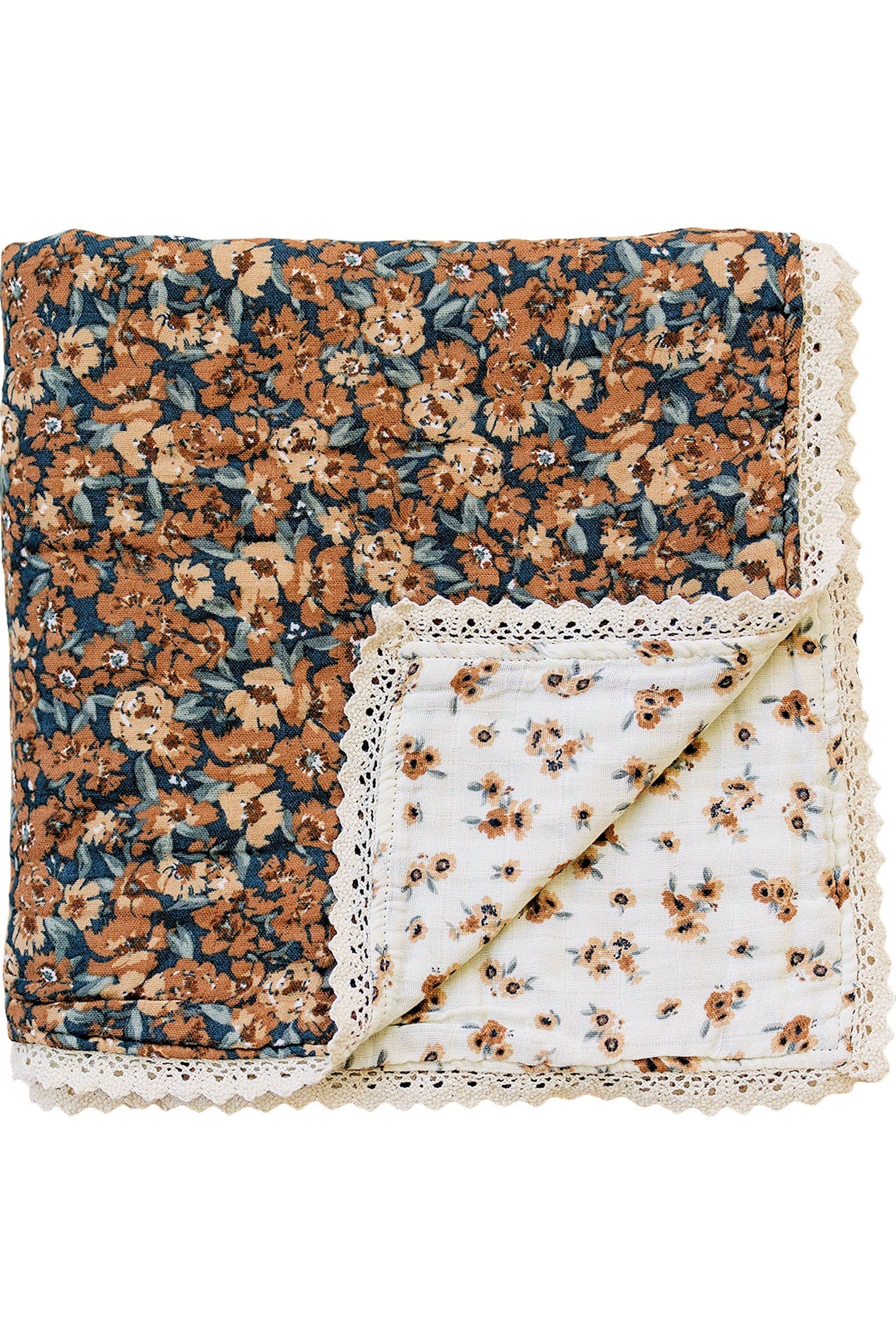 Venetian Floral + Autumn Bloom Lace Lightweight Muslin Crib Quilt, 100% Cotton, Baby Essentials