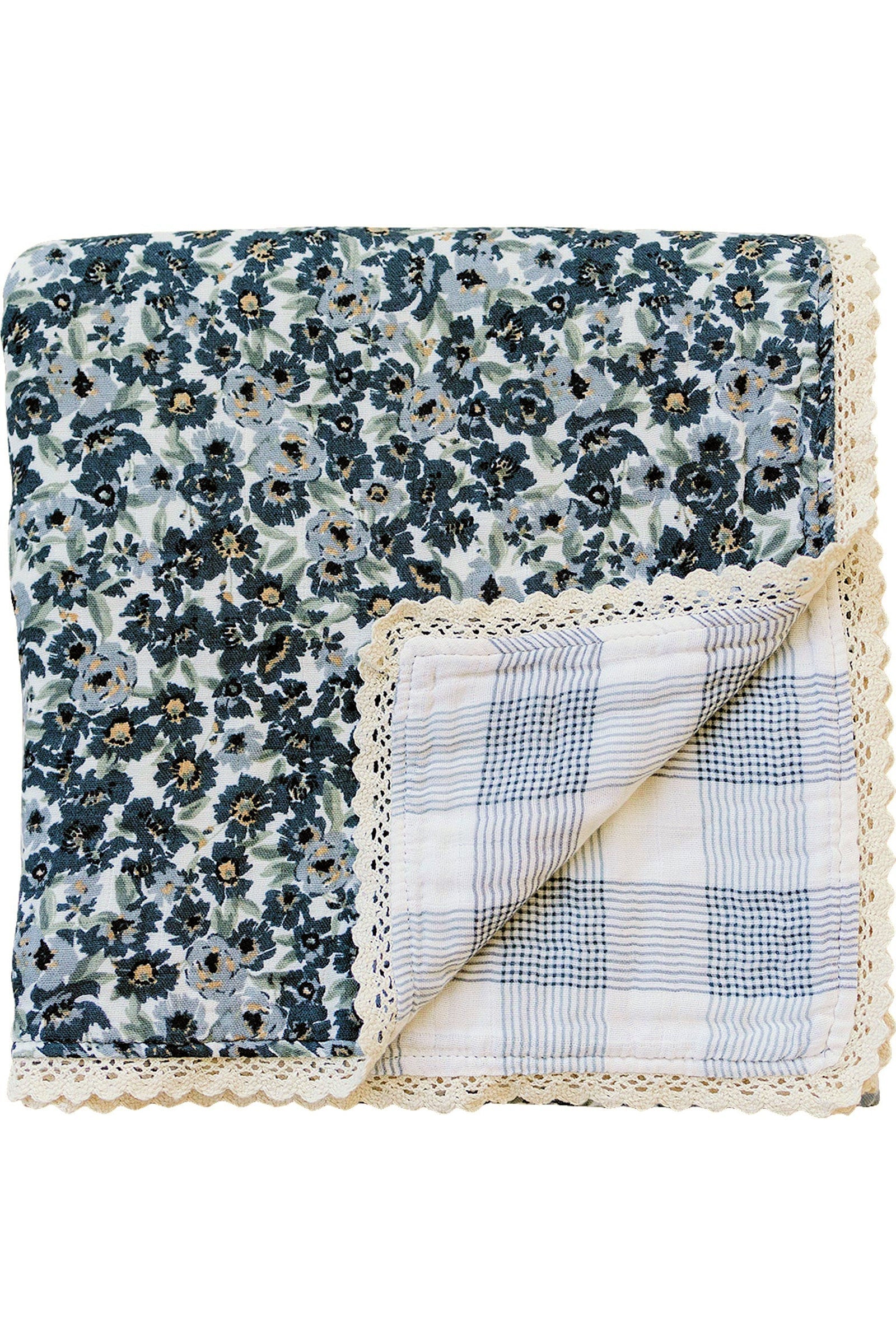 Liberty Floral + Coastal Plaid Lace Crib Lightweight Muslin Crib Quilt, 100% Cotton, Baby Essentials