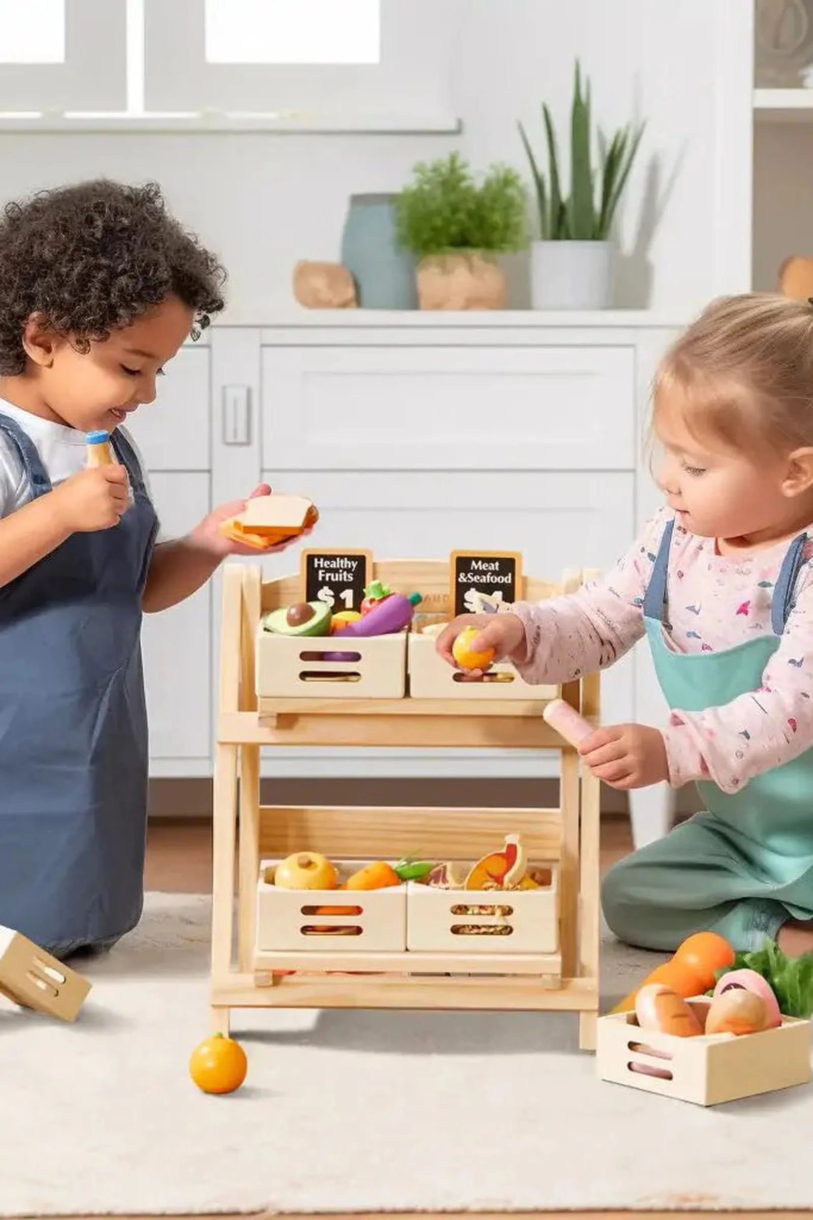 Wooden Play Food Storage Rack for Kids Play Kitchens