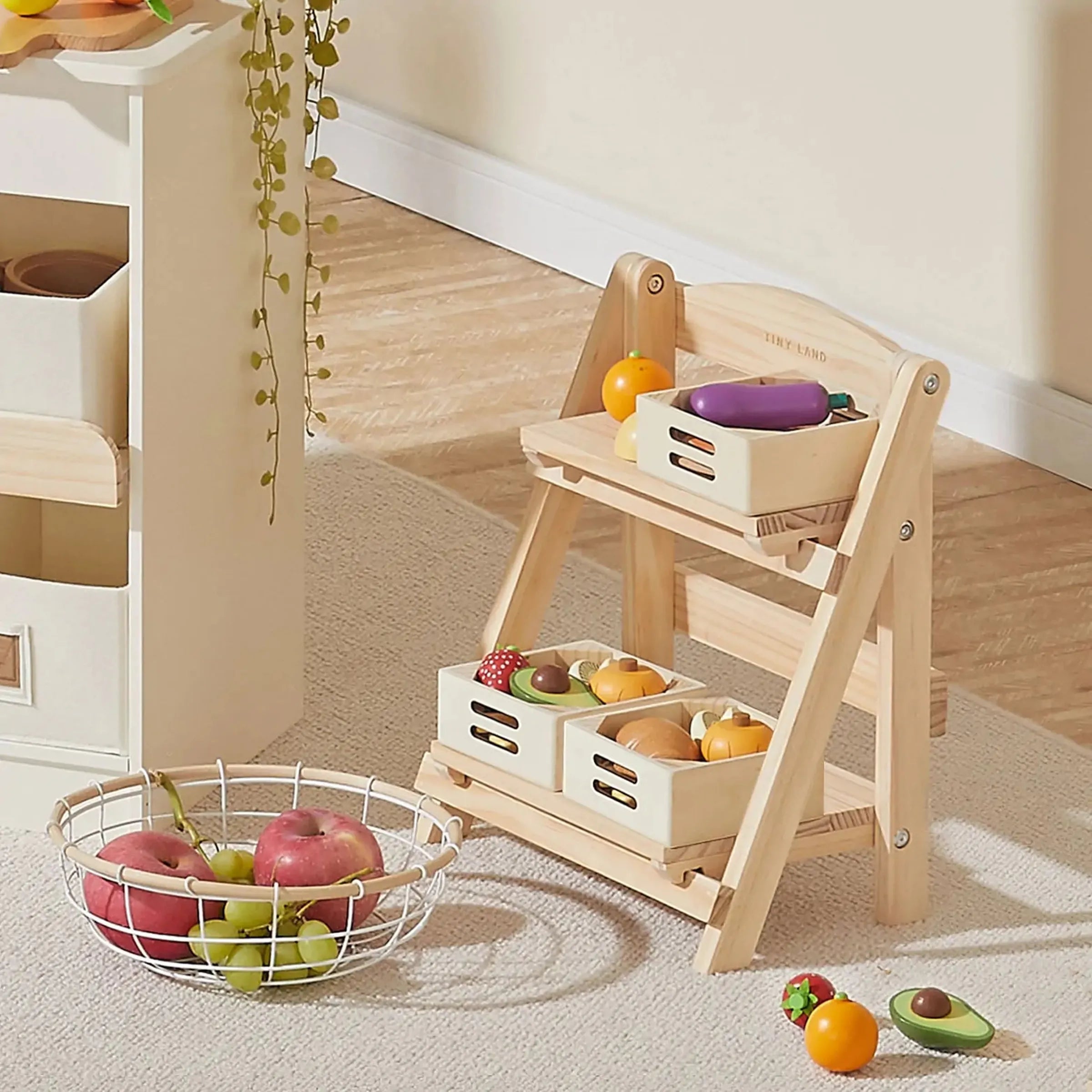 Wooden Play Food Storage Rack for Kids Play Kitchens