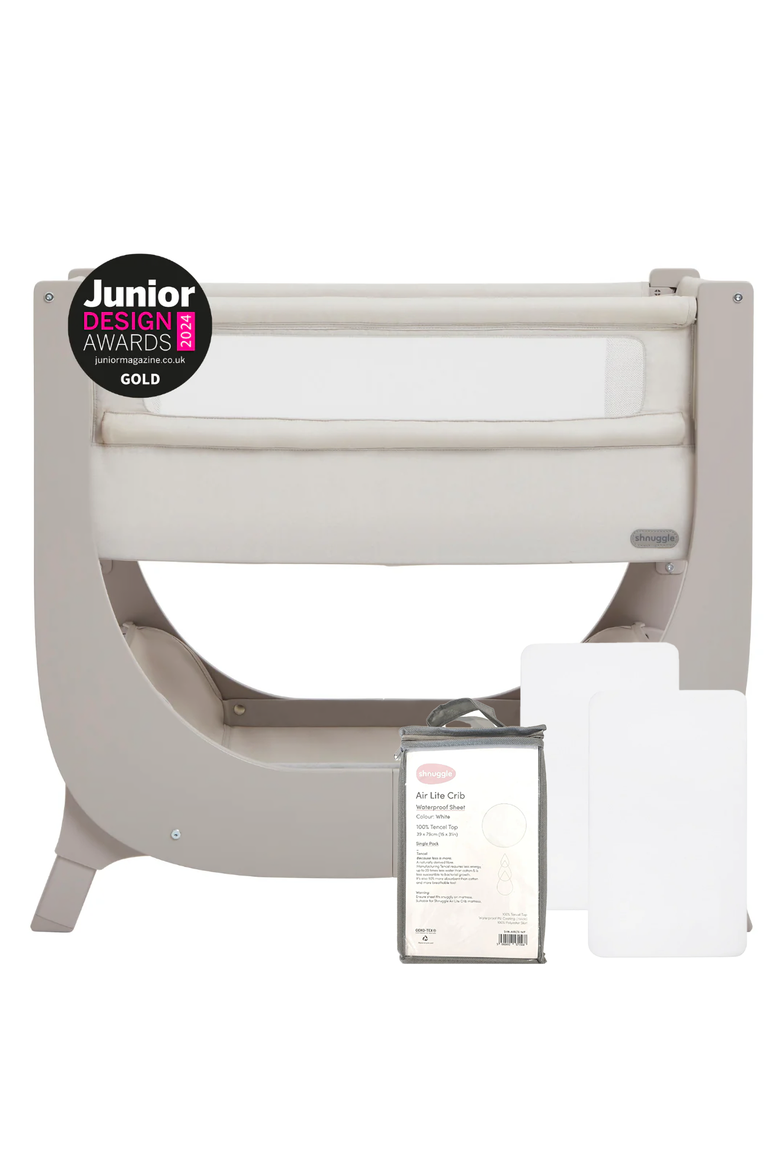 Shnuggle Air Lite Bedside Bassinet Bundle, Waterproof Sheet, 2 White Sheets